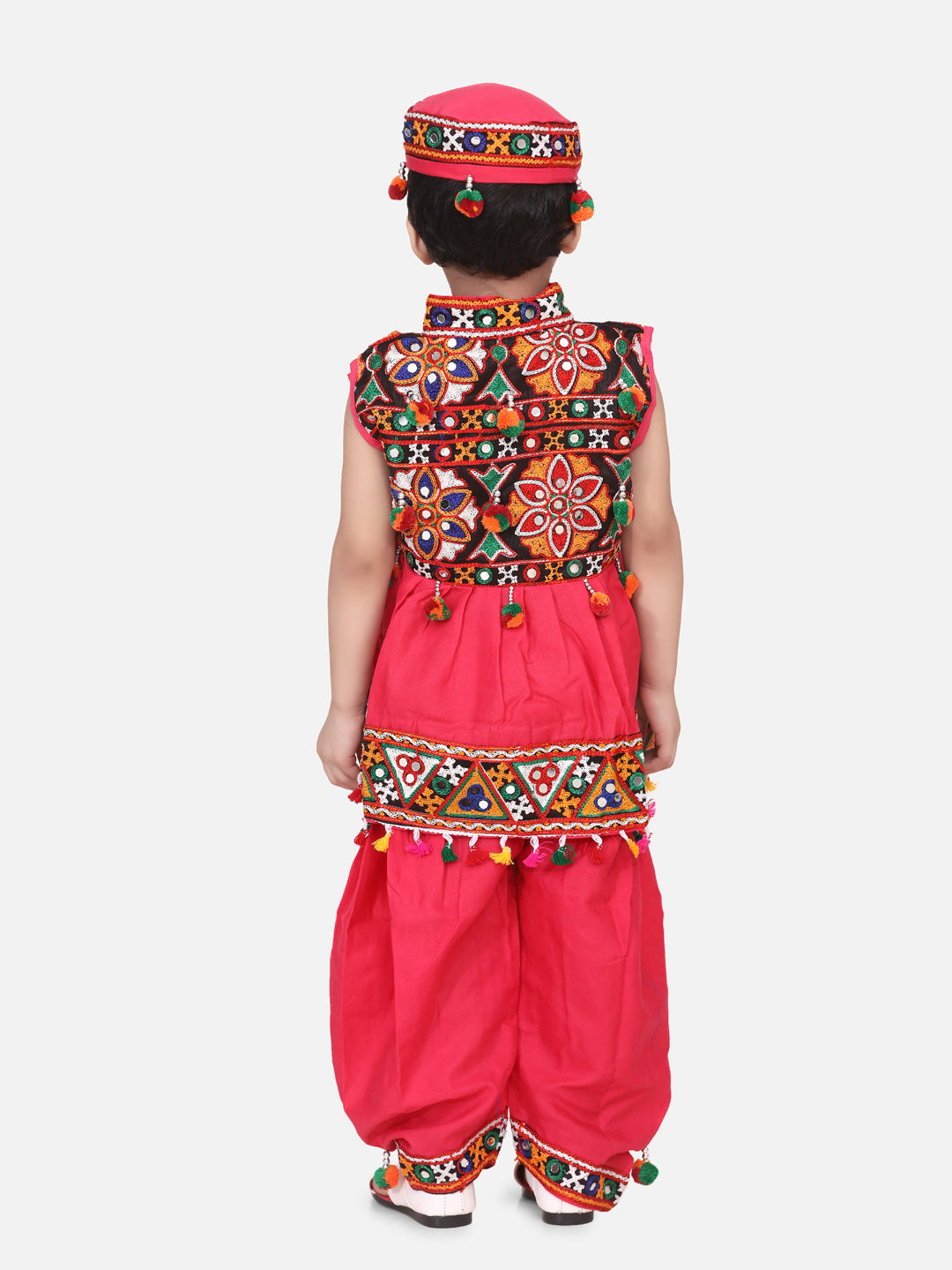 BownBee Kids Boys Navratri Dandiya  Garba Embroidered kediya with Dhoti and Cap - Pink