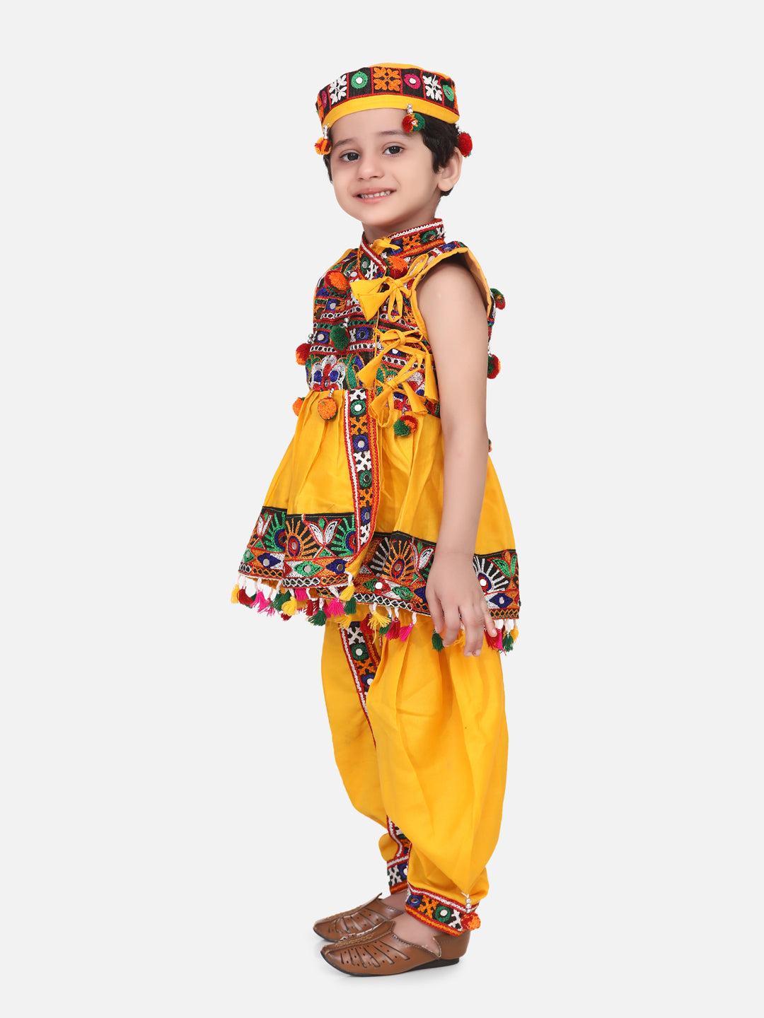 BownBee Kids Boys Navratri Dandiya  Garba Embroidered kediya with Dhoti and Cap - Yellow