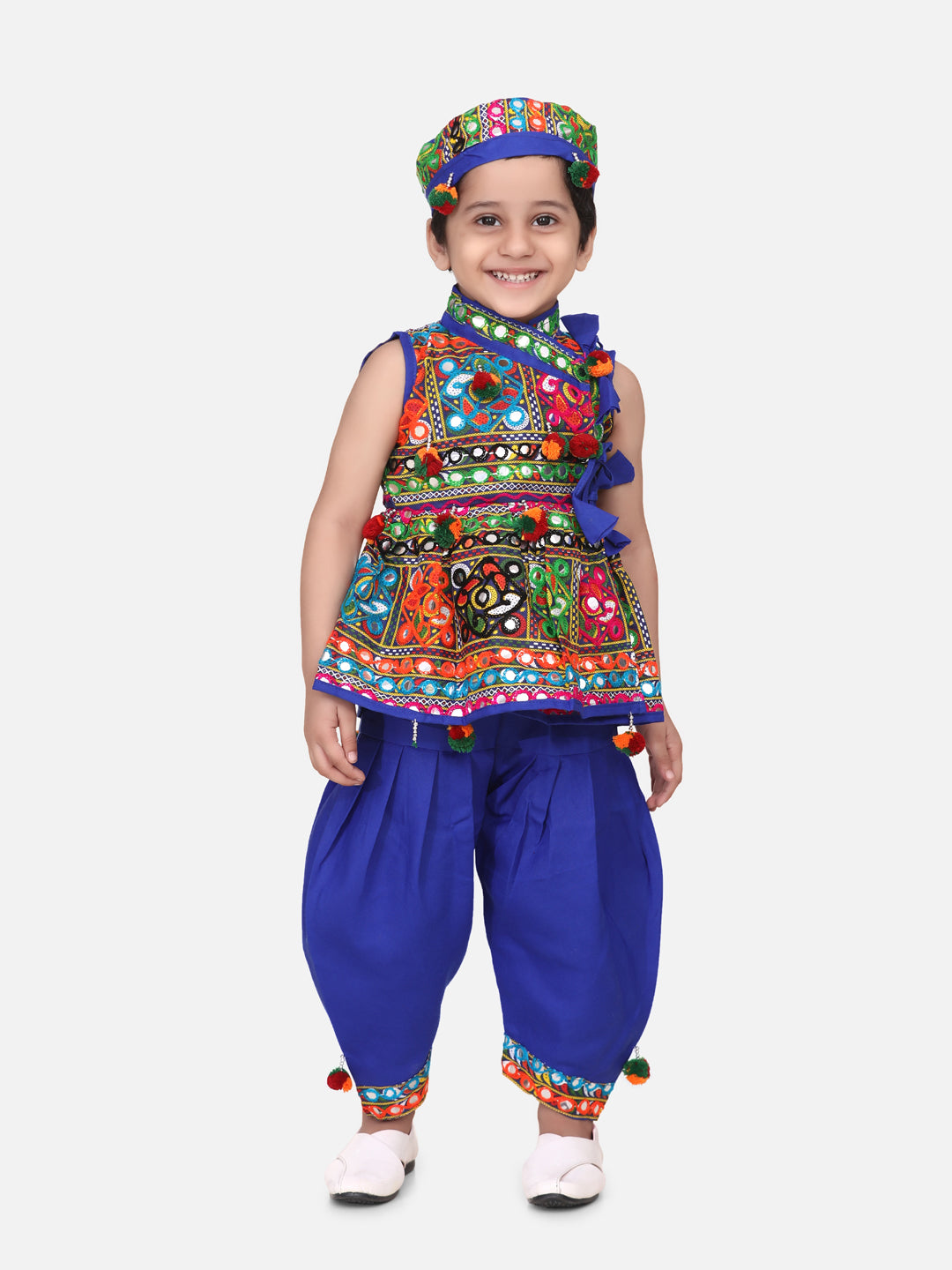 BownBee Sleeveless Mirror Work Kedia Dhoti Set -Blue