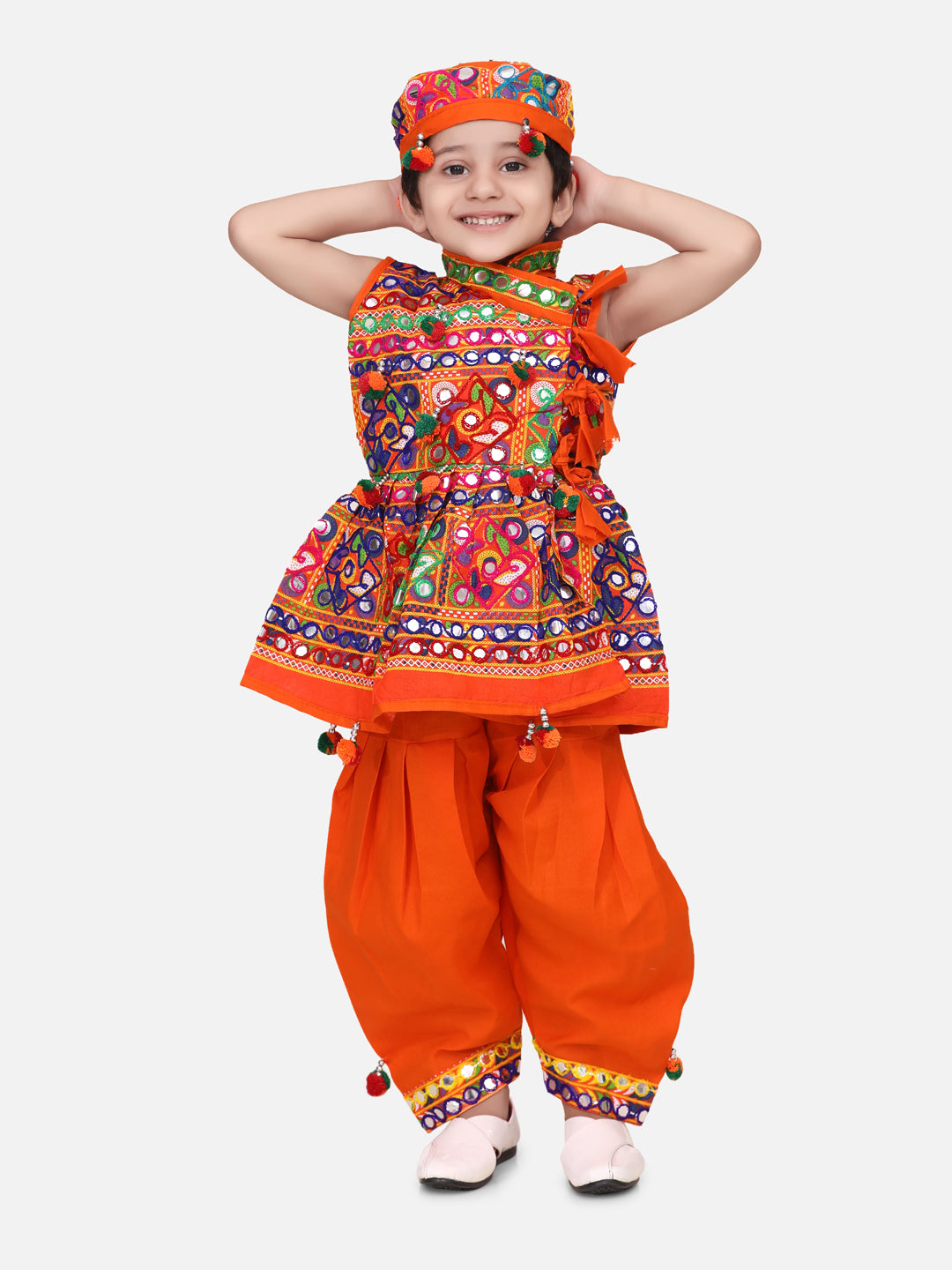 BownBee Kids Boys Navratri Dandiya  Garba Sleeveless Mirror work kedia dhoti set - Orange