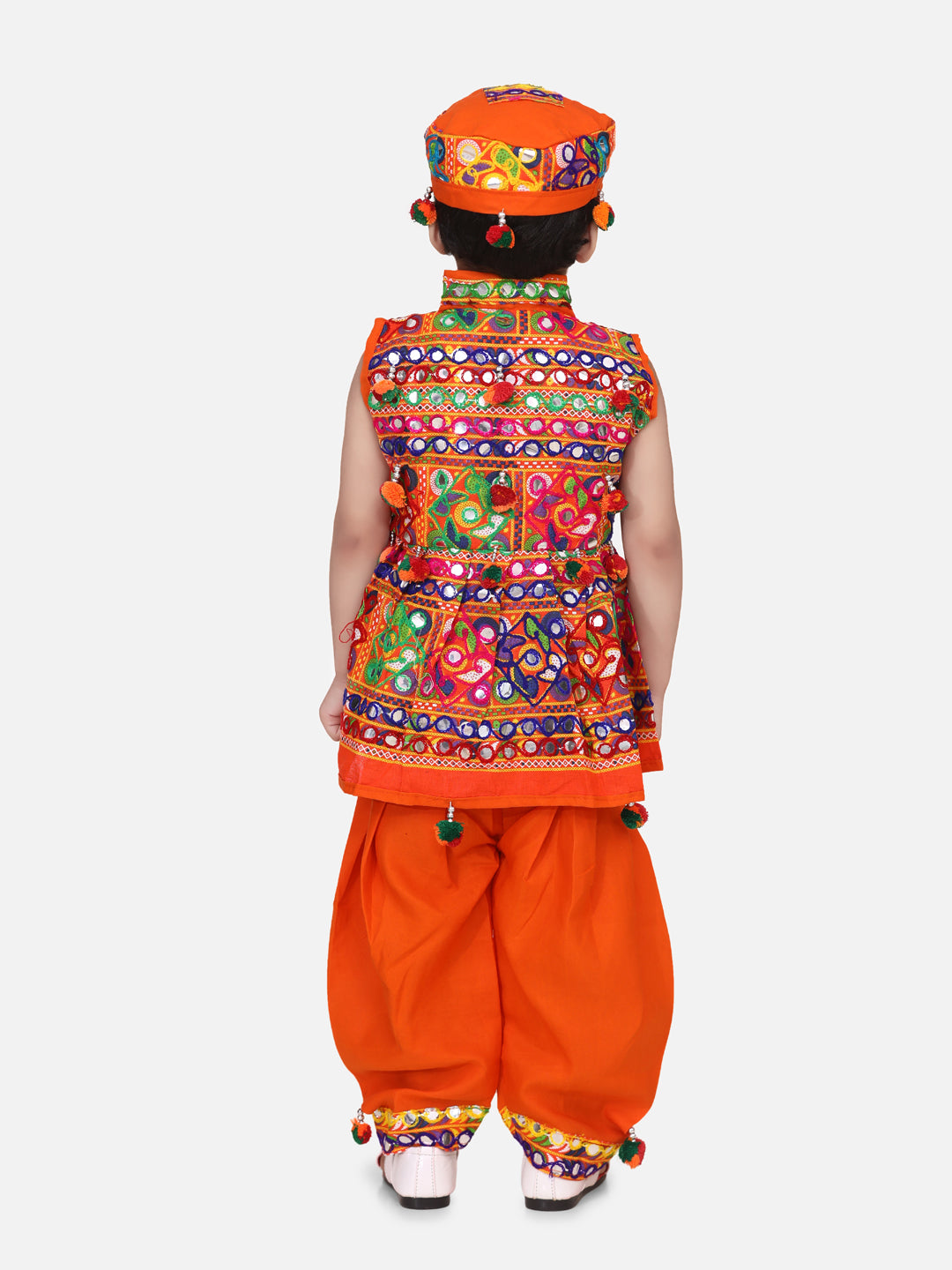 BownBee Embroidered kediya with Dhoti and Cap for Boys- Orange