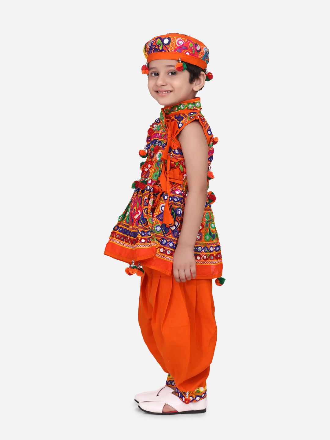 BownBee Kids Boys Navratri Dandiya  Garba Sleeveless Mirror work kedia dhoti set - Orange