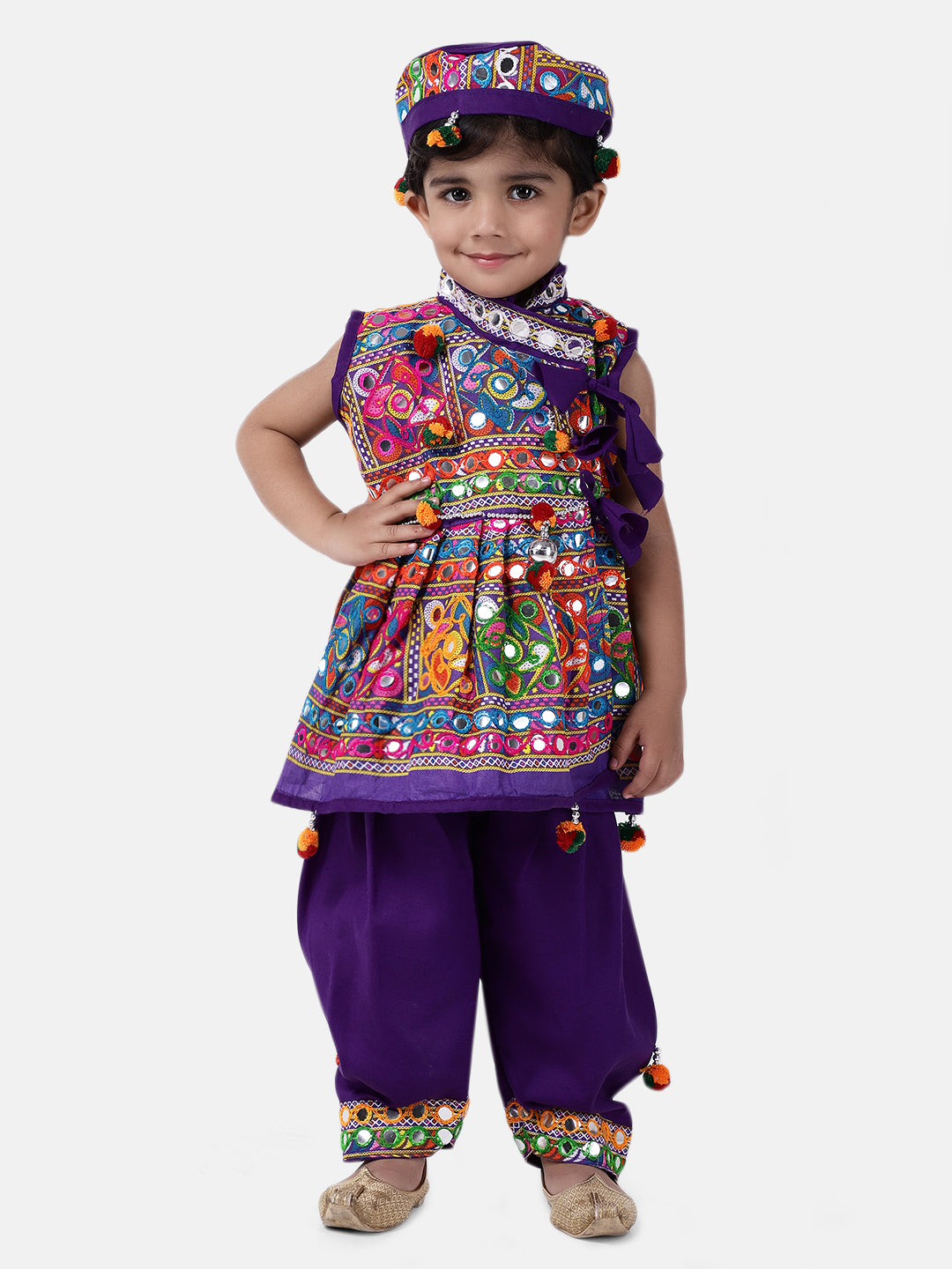 BownBee Embroidered kediya with Dhoti and Cap for Boys- Purple