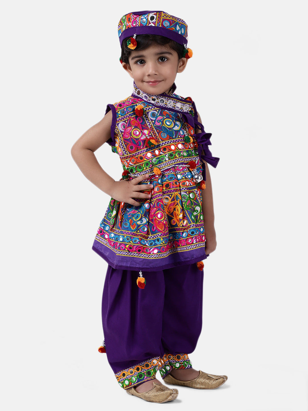 BownBee Embroidered kediya with Dhoti and Cap for Boys- Purple