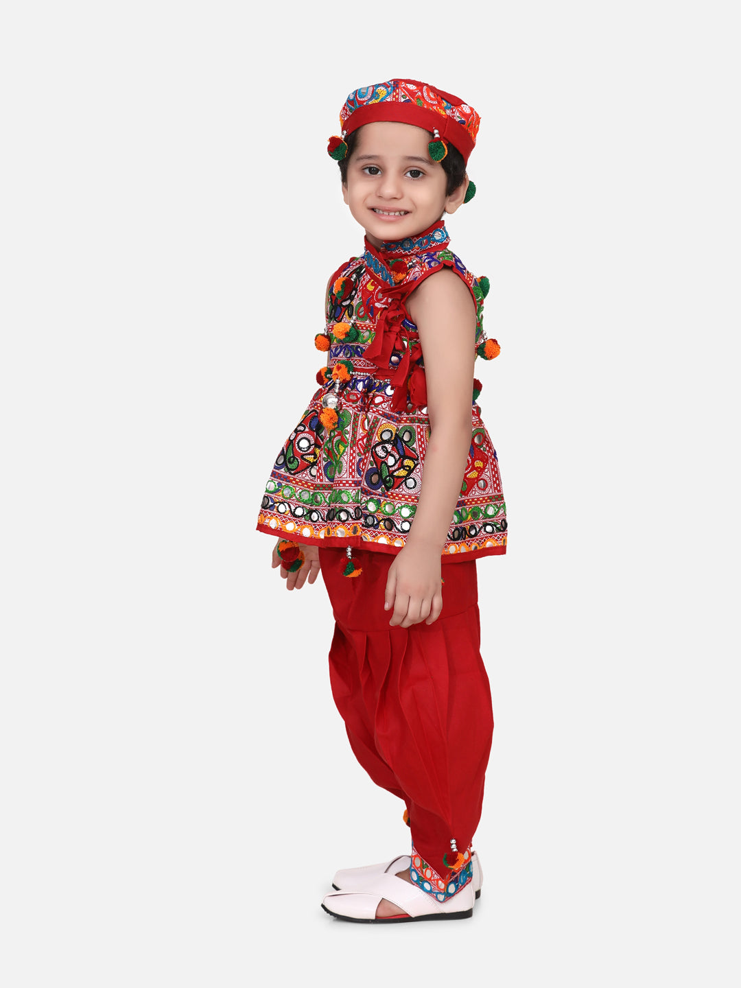 BownBee Kids Boys Navratri Dandiya  Garba Sleeveless Mirror work kedia dhoti set - Red