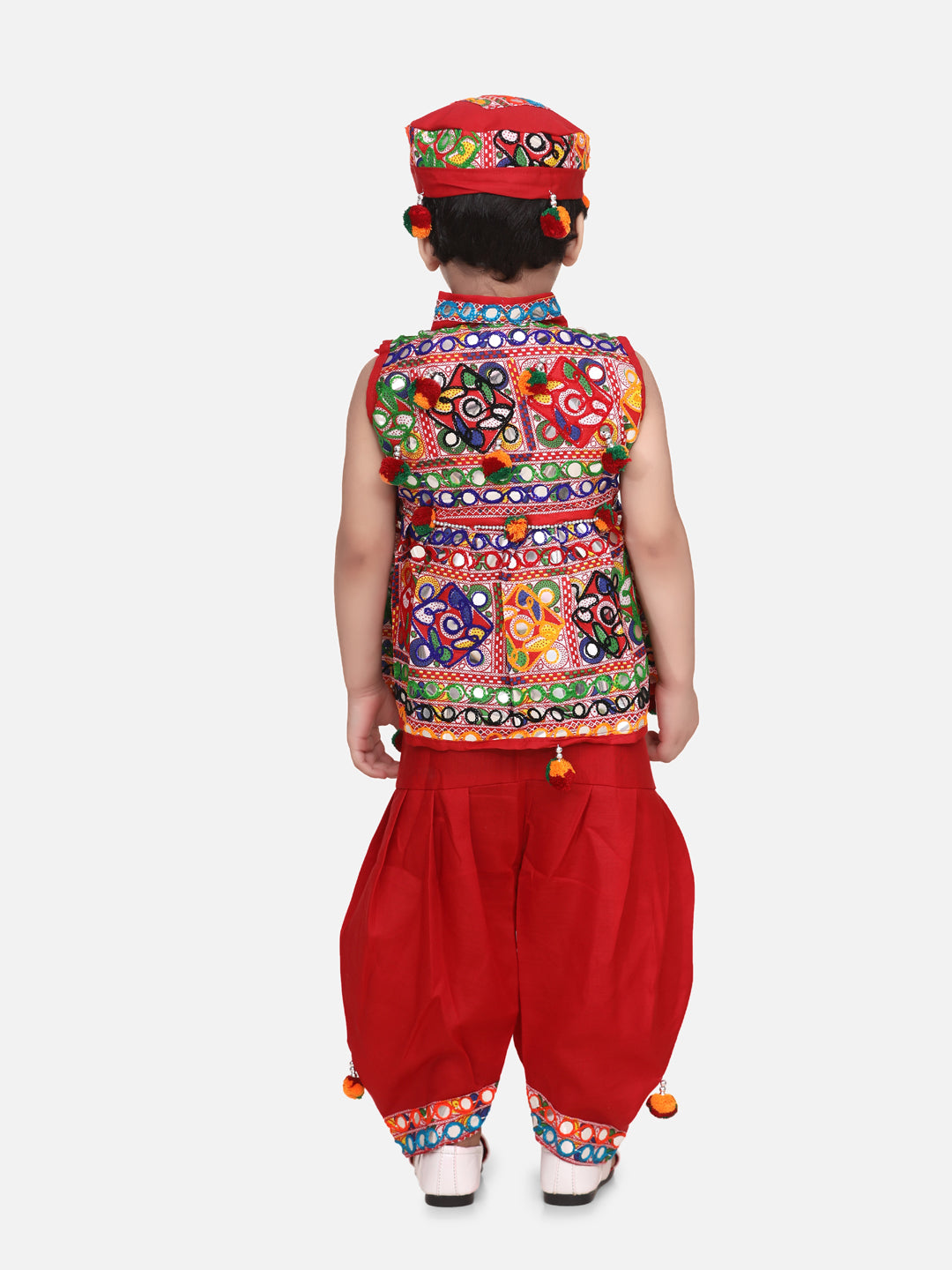 BownBee Kids Boys Navratri Dandiya  Garba Sleeveless Mirror work kedia dhoti set - Red