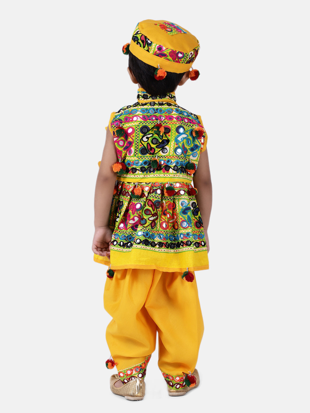 BownBee Kids Boys Navratri Dandiya  Garba Sleeveless Mirror work kedia dhoti set - Yellow