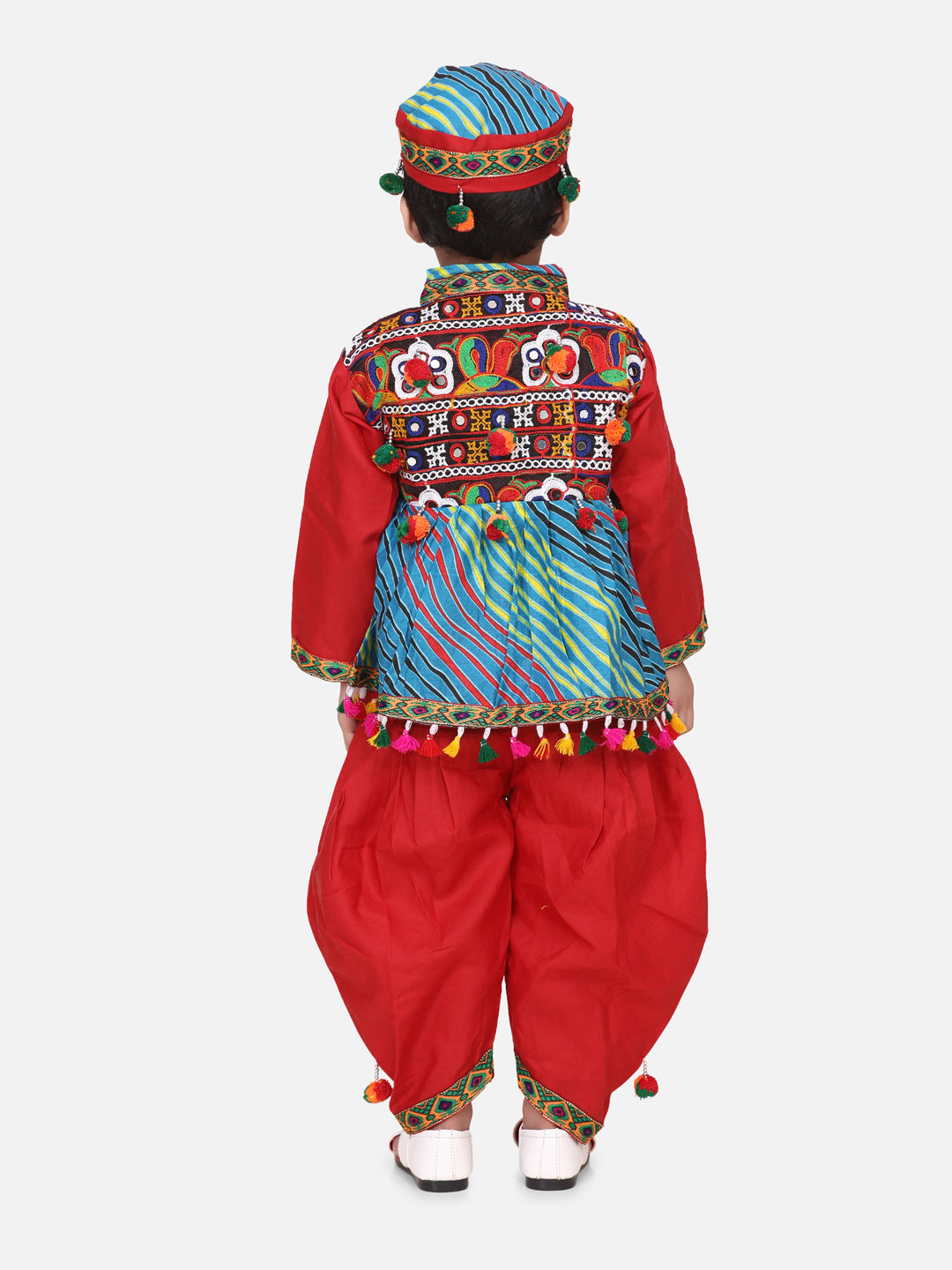 BownBee Motif Embroidered Full Sleeves Kurta With Dhoti & Cap-Maroon