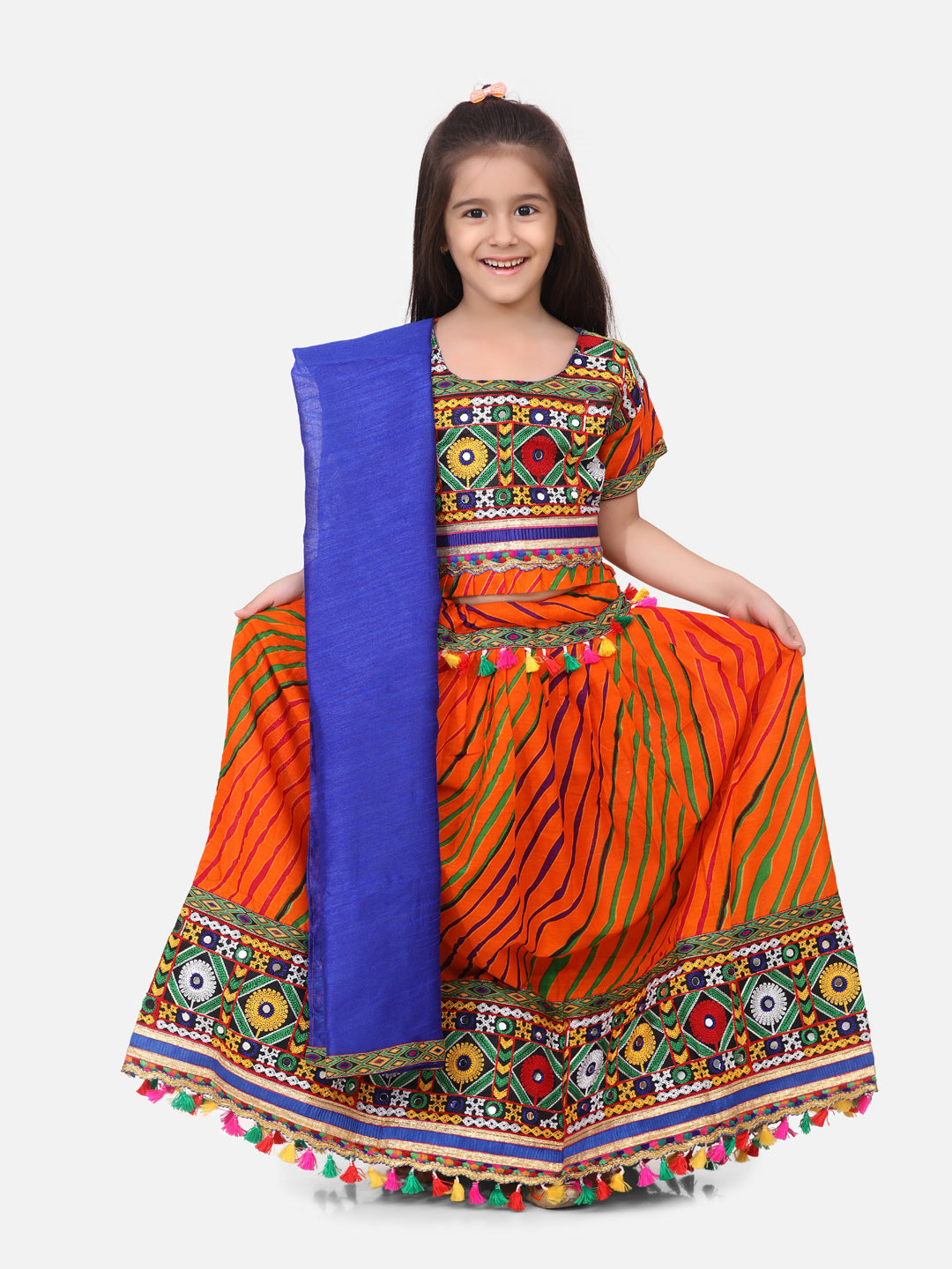 BownBee Kids Girls Navratri Dandiya  Garba Leheria Print Cotton Lehnga Choli With Dupatta- Orange