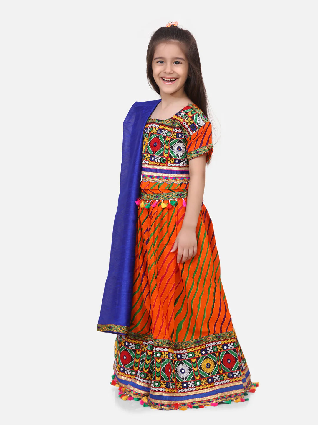 BownBee Kids Girls Navratri Dandiya  Garba Leheria Print Cotton Lehnga Choli With Dupatta