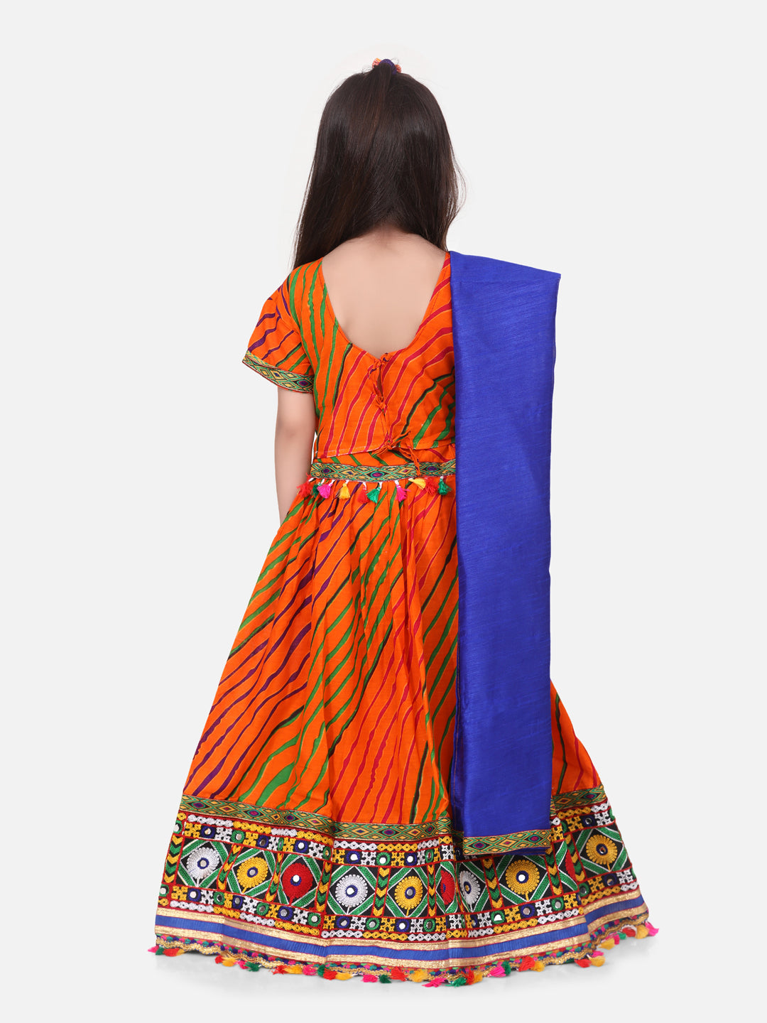 BownBee Kids Girls Navratri Dandiya  Garba Leheria Print Cotton Lehnga Choli With Dupatta- Orange