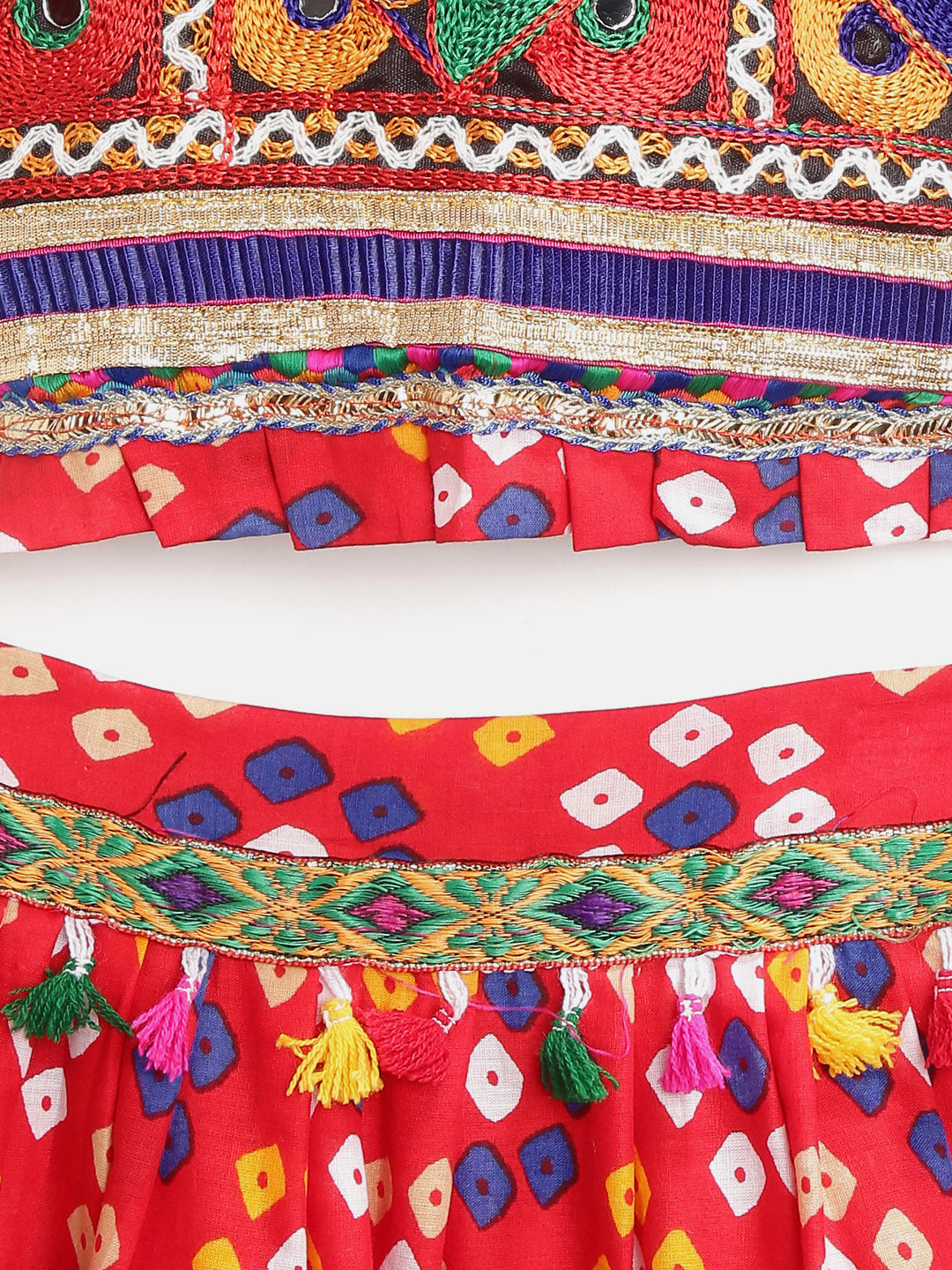 BownBee Kids Girls Navratri Dandiya  Garba Bandhani Print Cotton Lehnga Choli- Dupatta Red