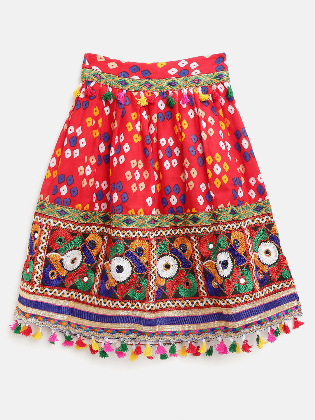BownBee Kids Girls Navratri Dandiya  Garba Bandhani Print Cotton Lehnga Choli- Dupatta Red