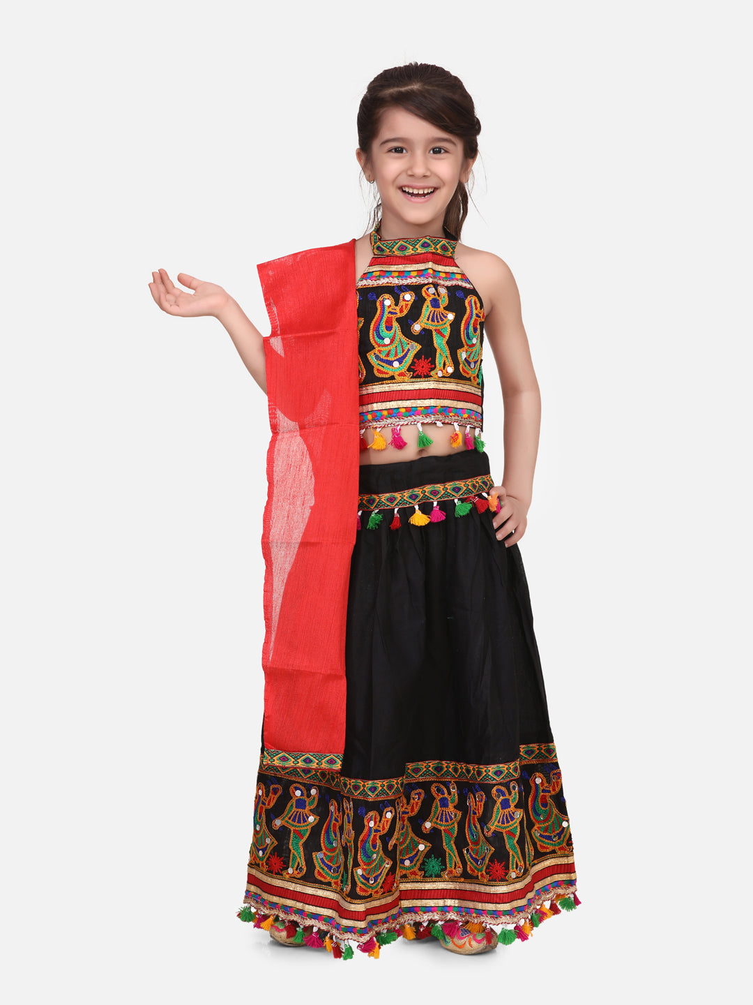 BownBee Kids Girls Navratri Dandiya  Garba Dandiya border Cotton chaniya choli - Dupatta  Black