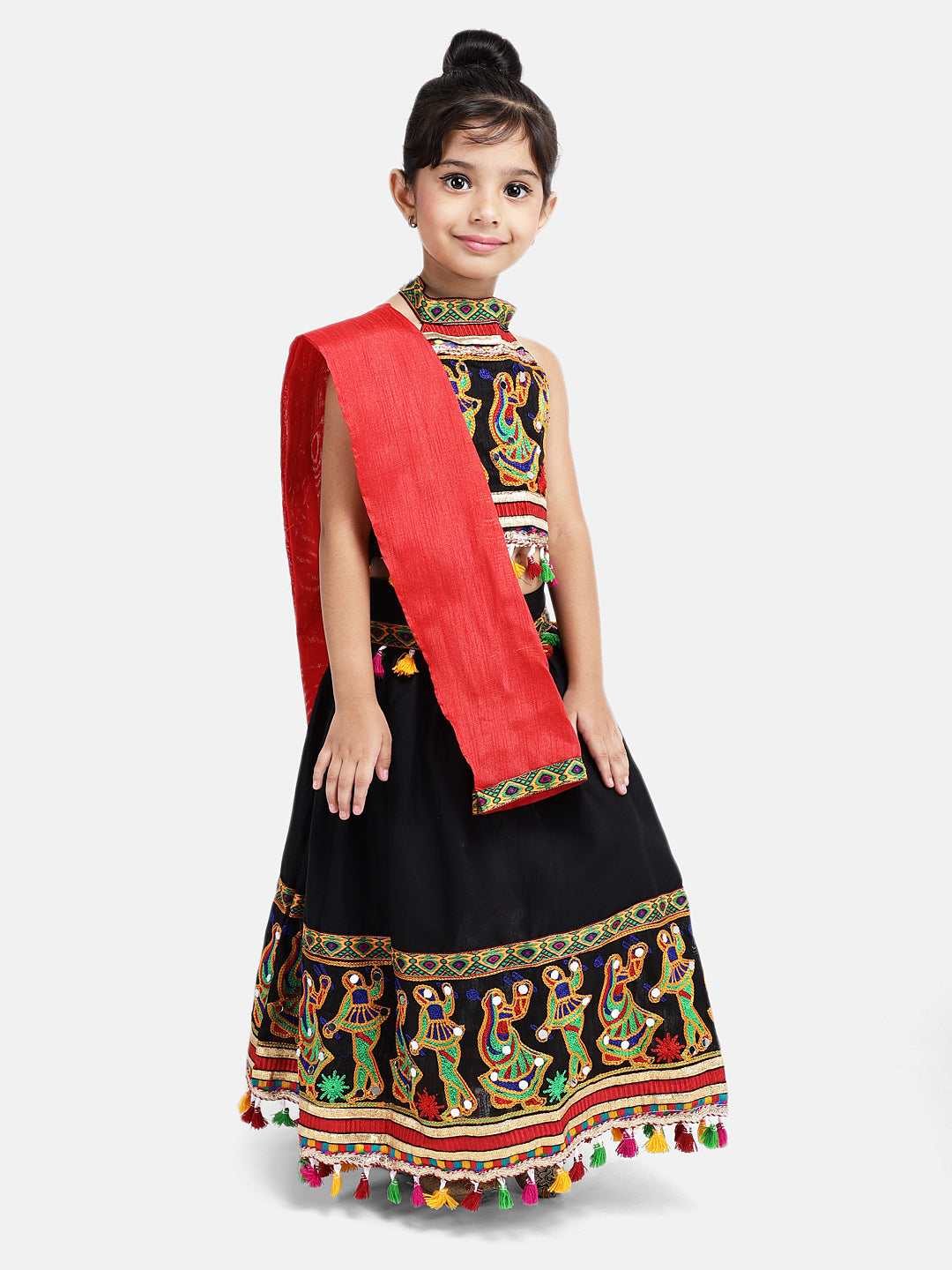 BownBee Kids Girls Navratri Dandiya  Garba Dandiya border Cotton chaniya choli - Dupatta  Black