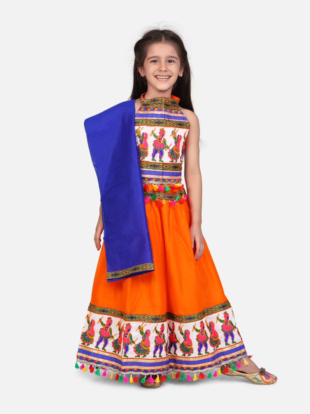 BownBee Kids Girls Navratri Dandiya  Garba Dandiya border Cotton chaniya choli - Dupatta  Orange