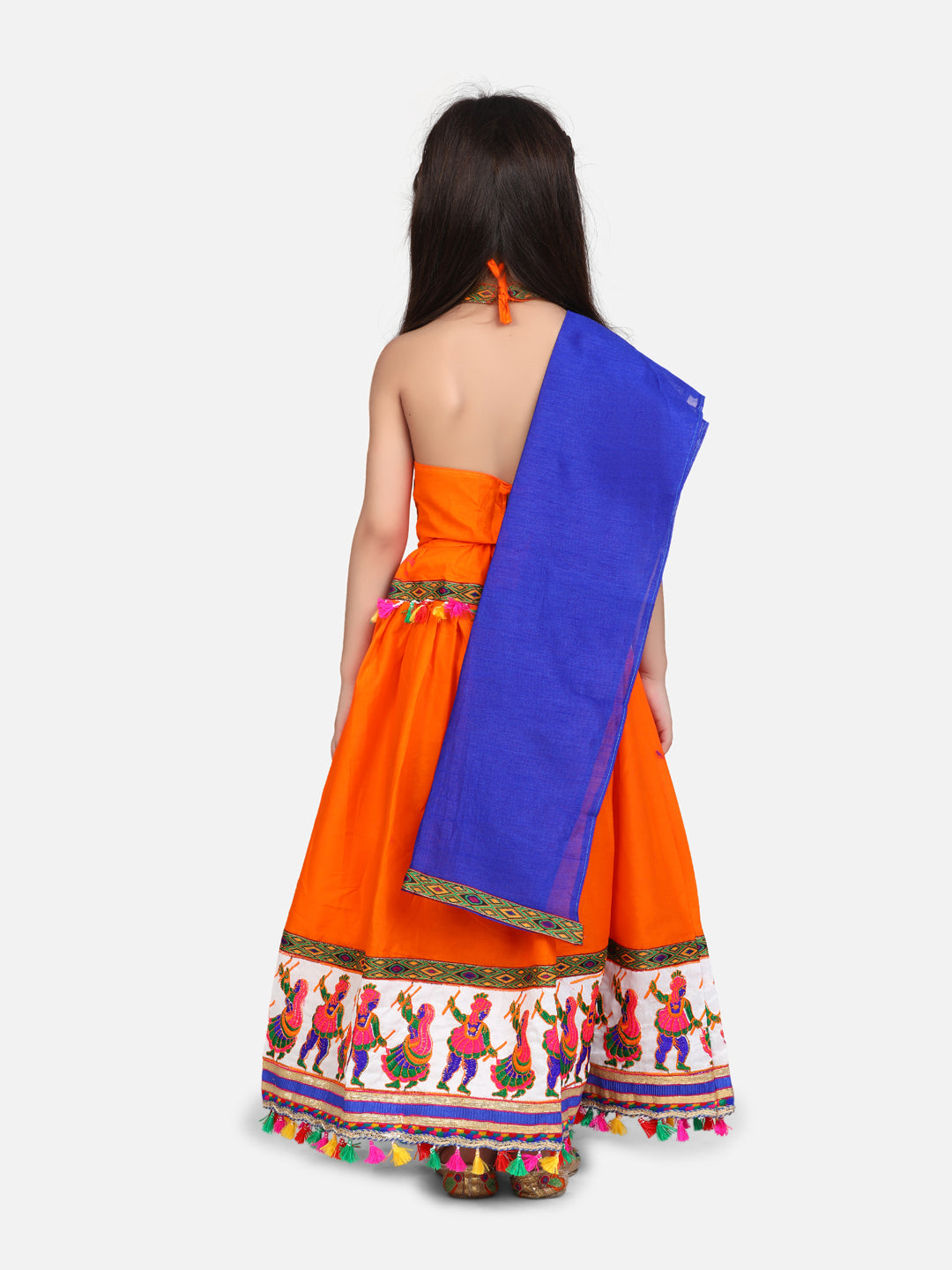 BownBee Kids Girls Navratri Dandiya  Garba Dandiya border Cotton chaniya choli - Dupatta  Orange