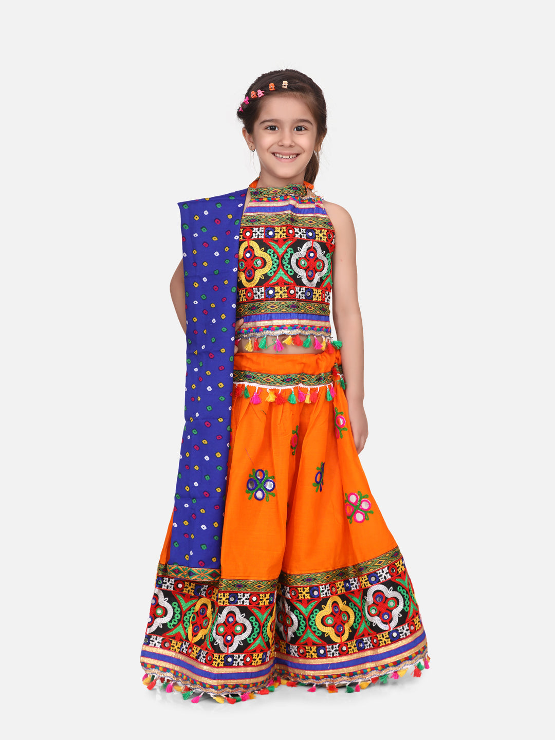 BownBee Kids Girls Navratri Dandiya  Garba Mirror Work Chaniya Choli Dupatta - Orange