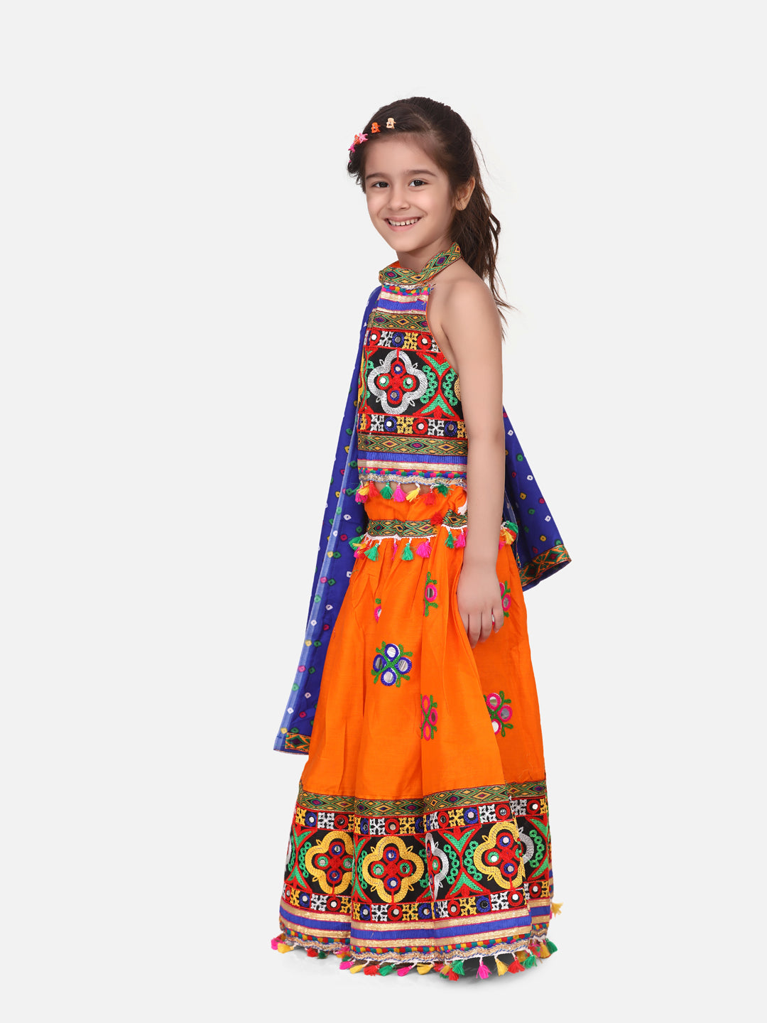 BownBee Kids Girls Navratri Dandiya  Garba Mirror Work Chaniya Choli Dupatta - Orange