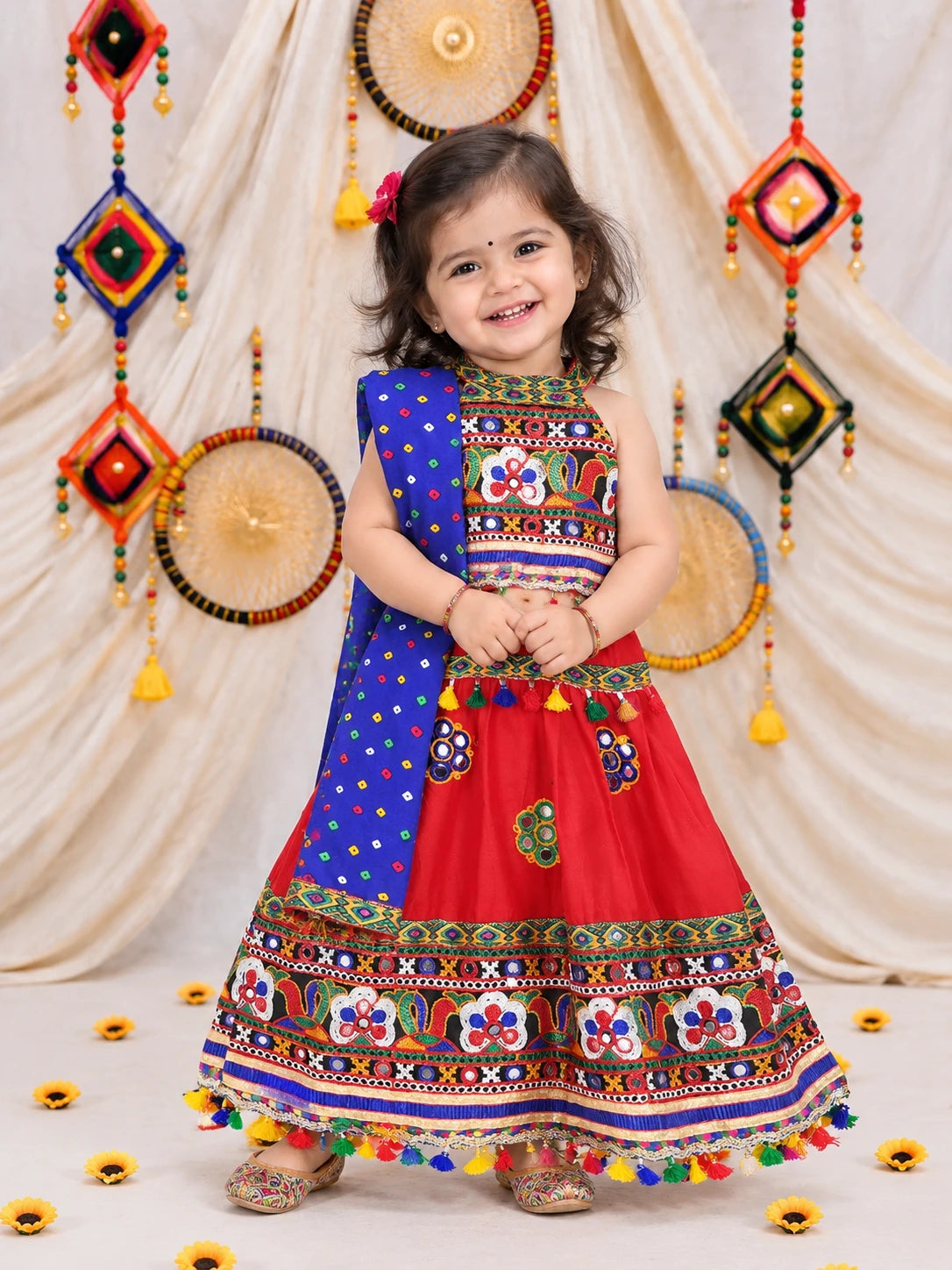 BownBee Kids Girls Navratri Dandiya Garba Mirror Work Chaniya Choli Dupatta