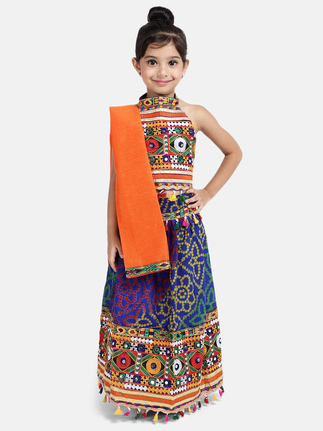 BowBee Sibling Embroidered kediya with Dhoti and Cap for Boys and Bandhani halter neck chaniya choli-Blue