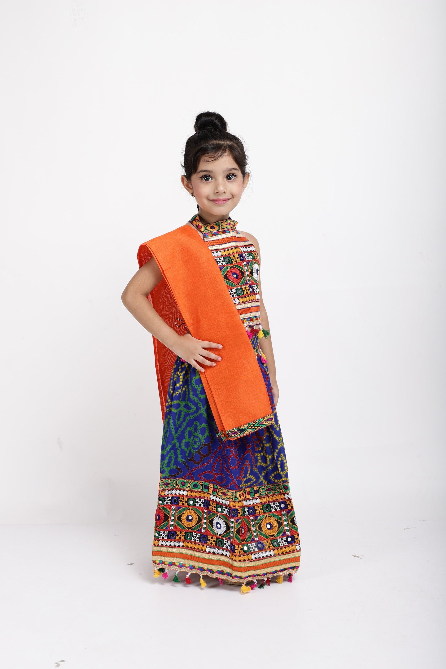 BowBee Sibling Embroidered kediya with Dhoti and Cap for Boys and Bandhani halter neck chaniya choli-Blue