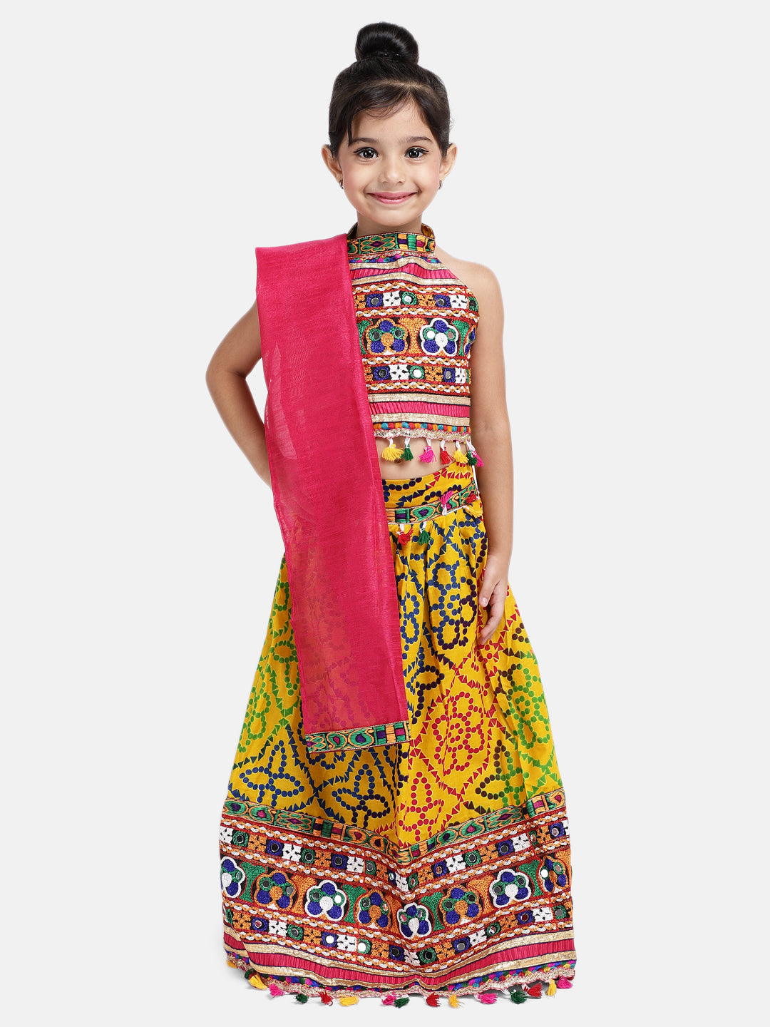 BownBee Printed Navratri Kedia Dhoti for Boys and Halter neck chaniya choli for Girls -Yellow