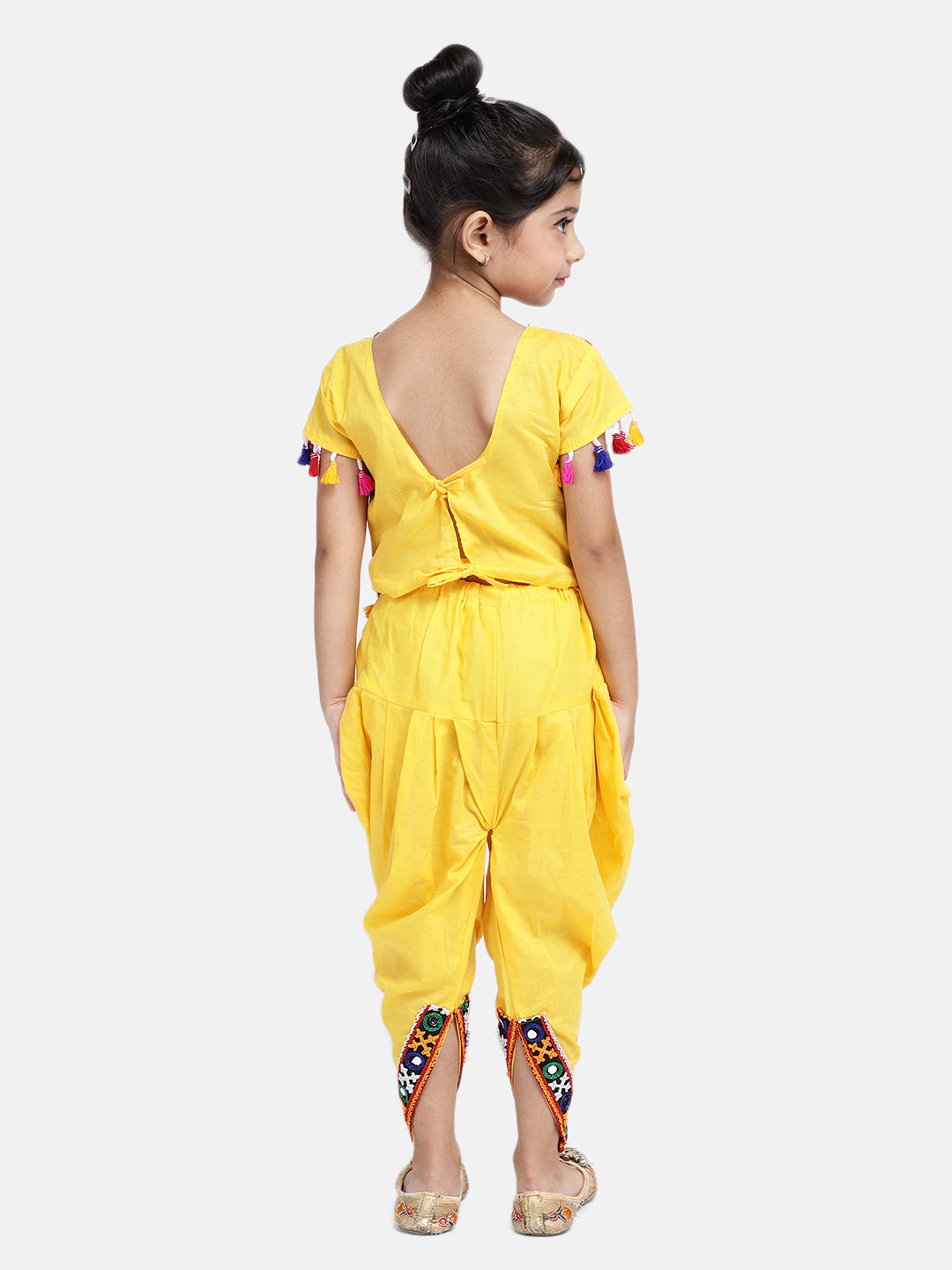 BownBee Embroidered Half Sleeves Mirror Work Top With Dhoti - Yellow