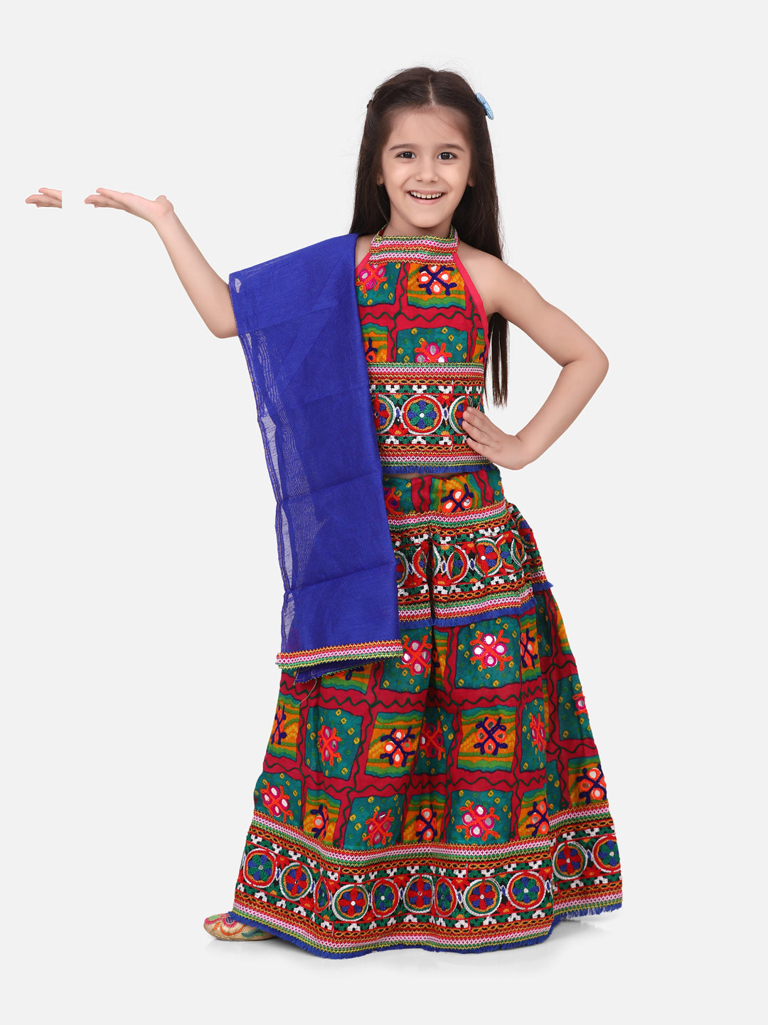 BownBee Halter Neck Print With Embroidery Chaniya Choli- Green