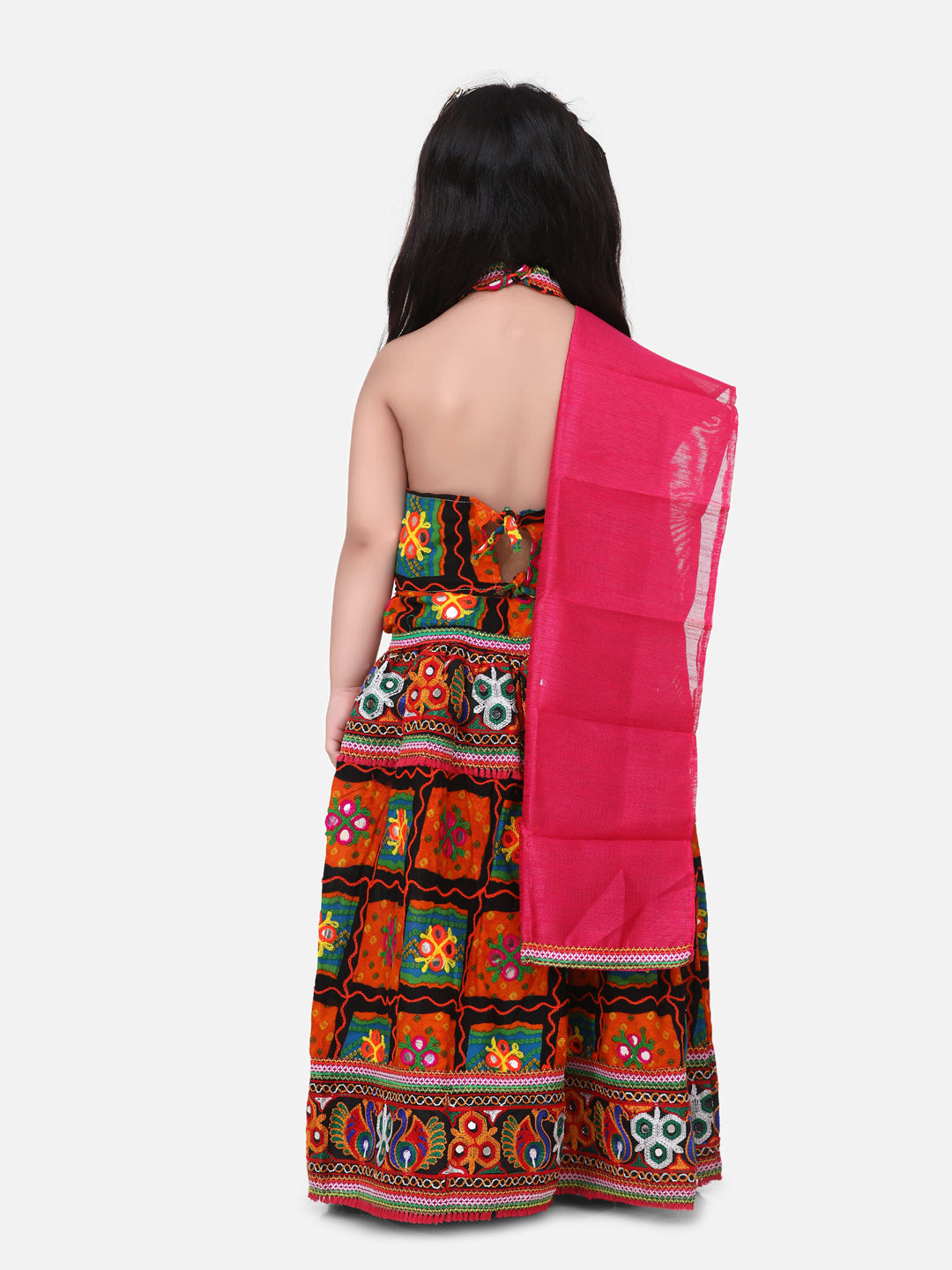 BownBee Halter Neck Print With Embroidery Chaniya Choli- Orange