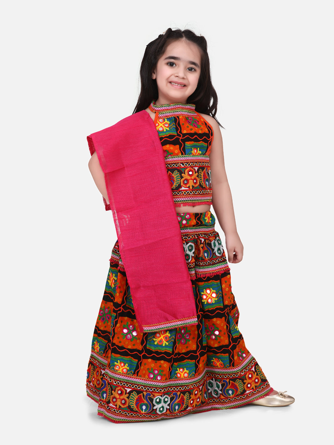 BownBee Halter Neck Print With Embroidery Chaniya Choli- Orange