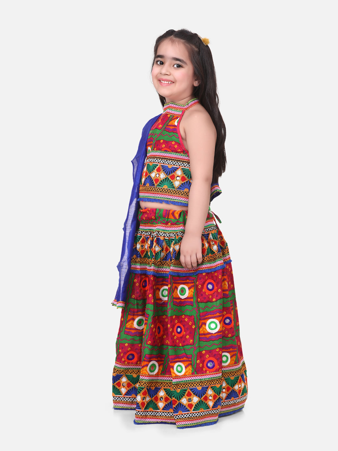 BownBee Halter Neck Print With Embroidery Chaniya Choli- Pink