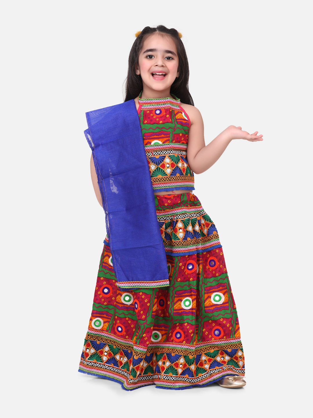 BownBee Halter Neck Print With Embroidery Chaniya Choli- Pink