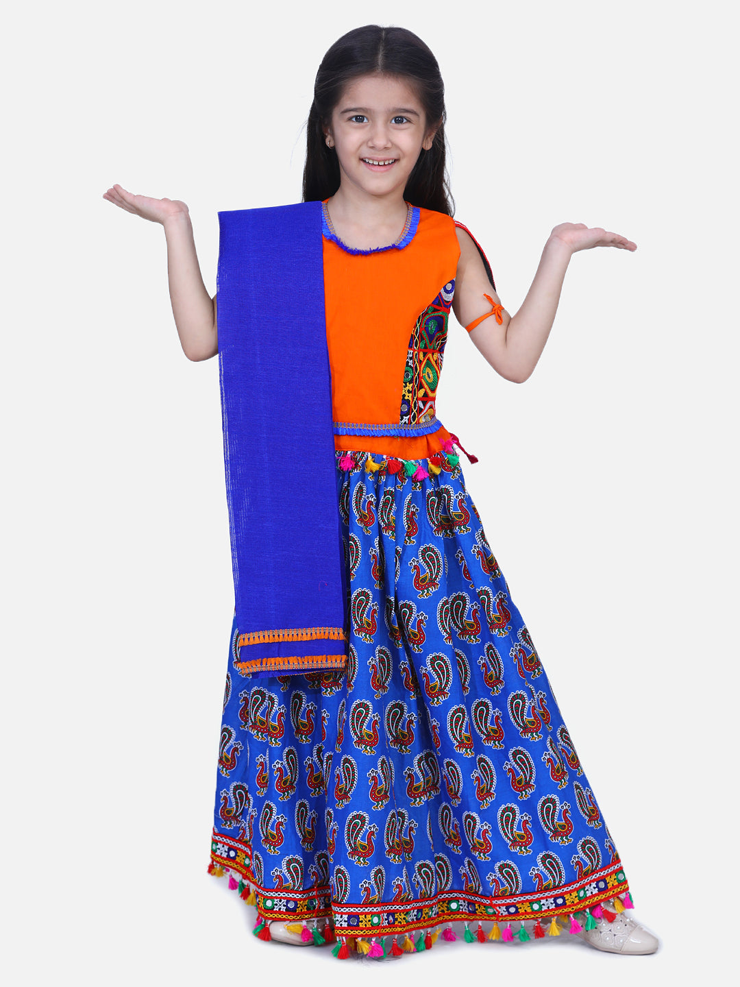 BownBee Girls Mor Print Chaniya Choli With Dupatta- Blue