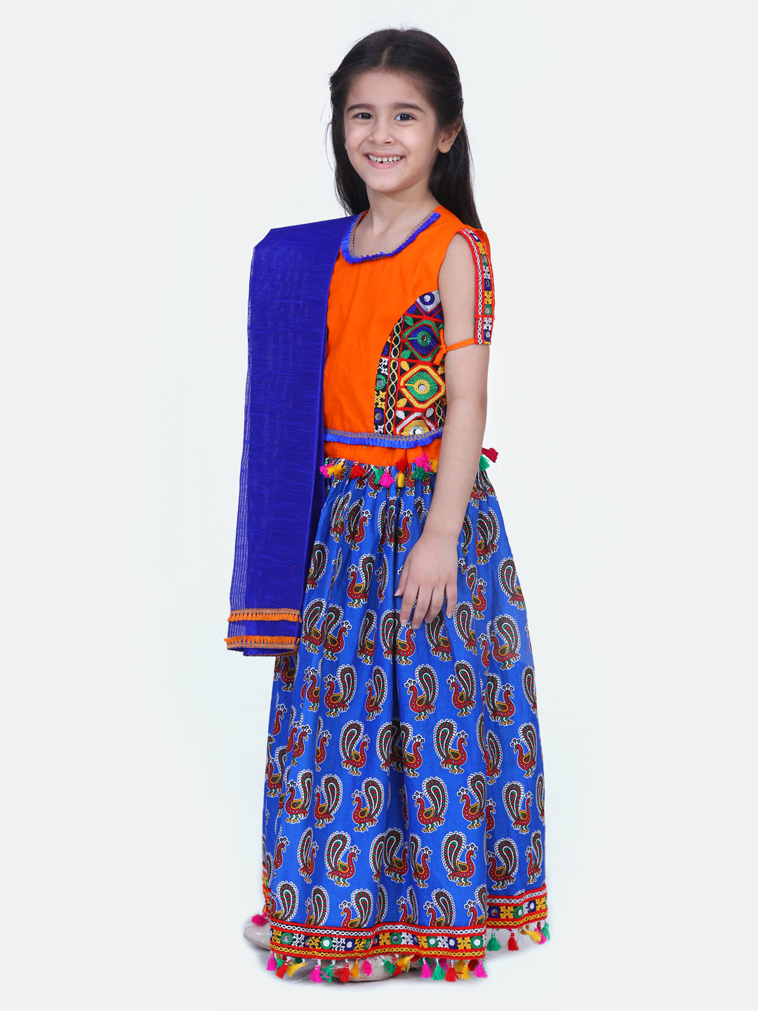 BownBee Girls Mor Print Chaniya Choli With Dupatta- Blue