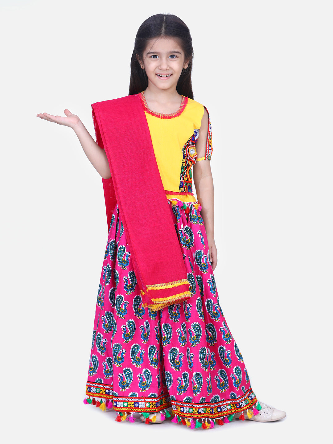 BownBee Girls Mor Print Chaniya Choli With Dupatta- Pink