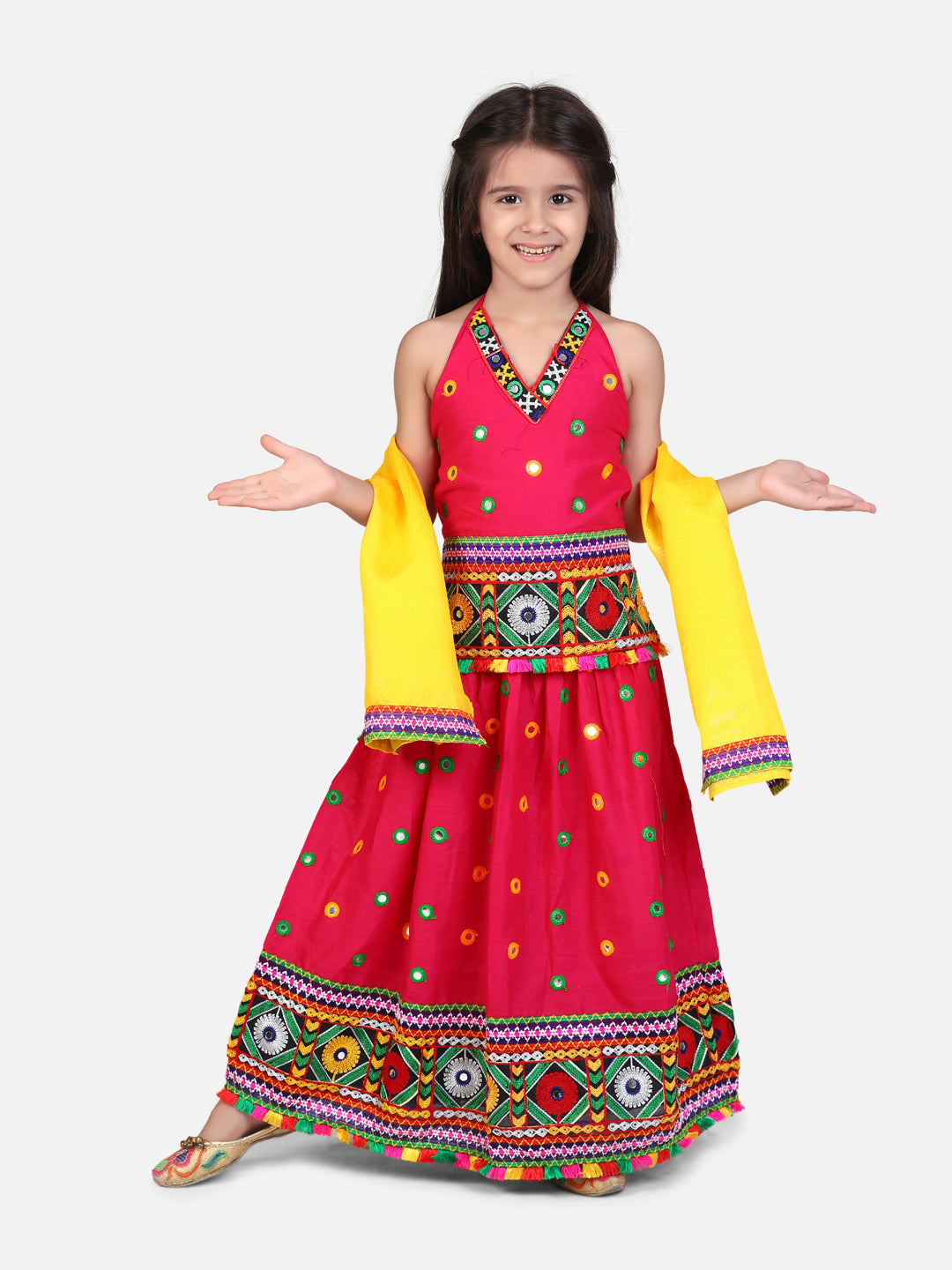 BownBee Mirror Embroidery Halter Neck Chaniya Choli-Pink