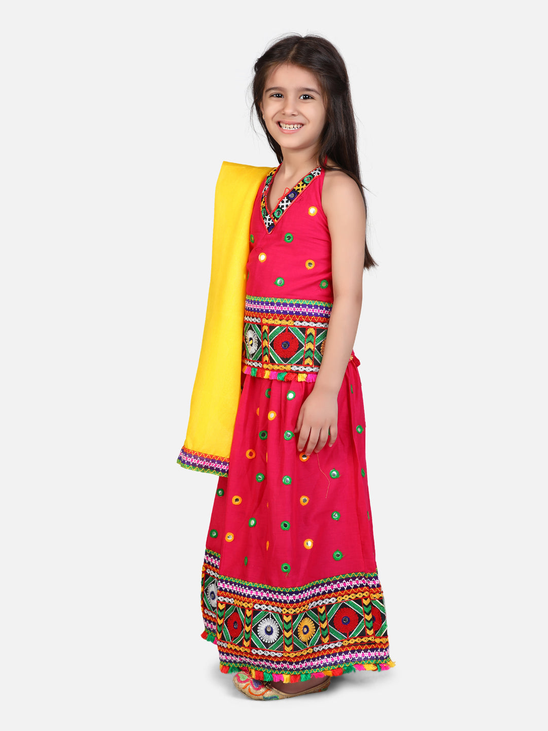 BownBee Mirror Embroidery Halter Neck Chaniya Choli-Pink