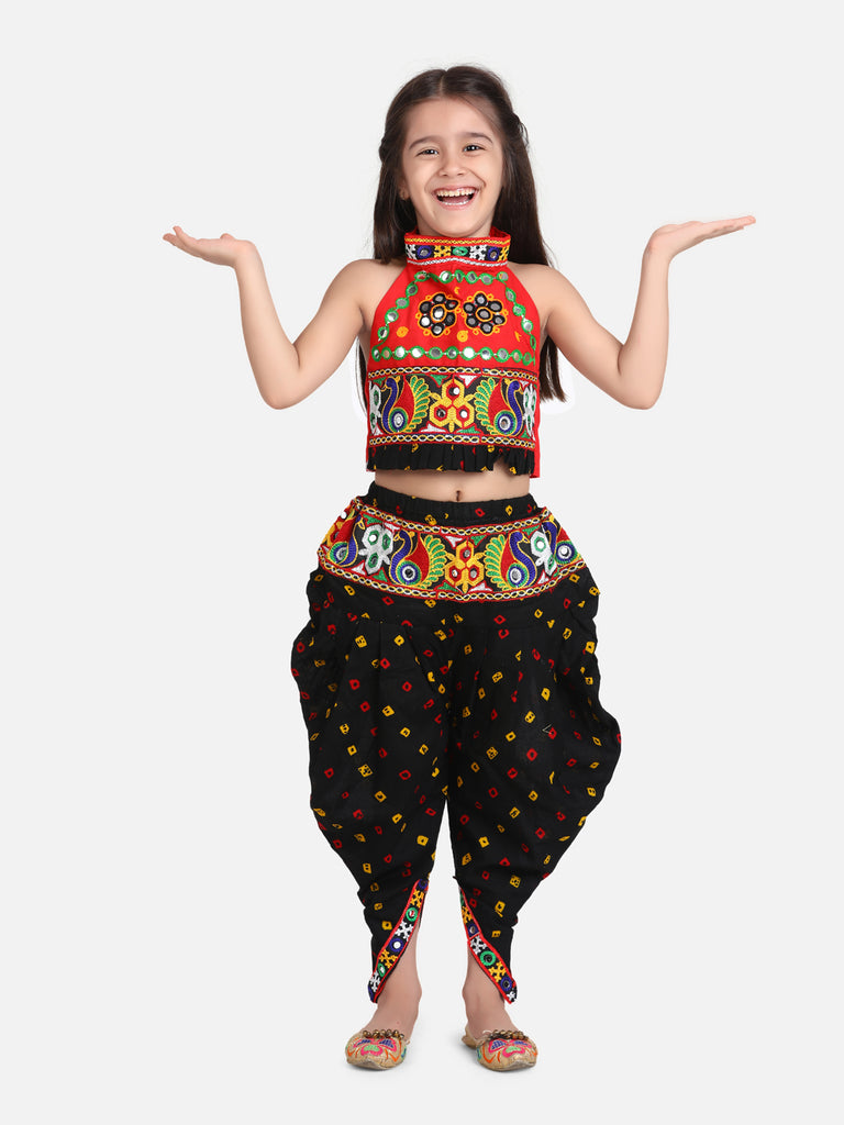 BownBee Kids Girls Navratri Dandiya Garba Halter Neck Choli With Dhoti-  Indo Western Clothing Sets Black