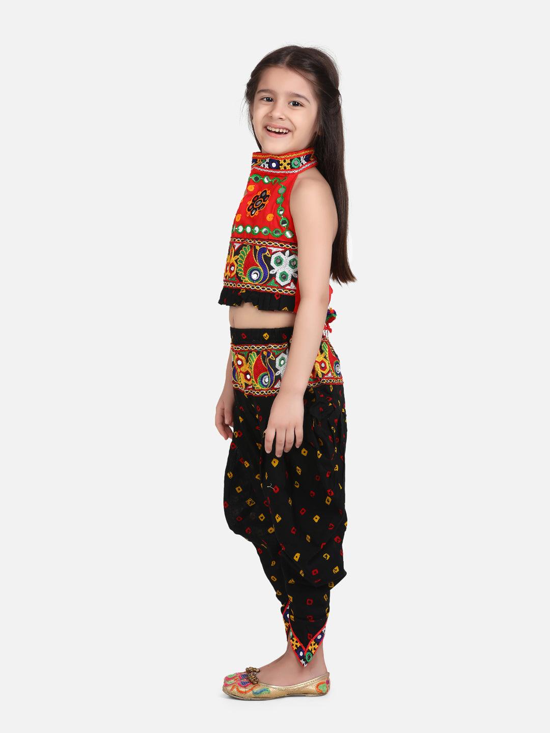 Bandhani Print Cotton Full Sleeve Dhoti Kurta For Boys and Black Halter Neck Choli With Dhoti For Girls-Black