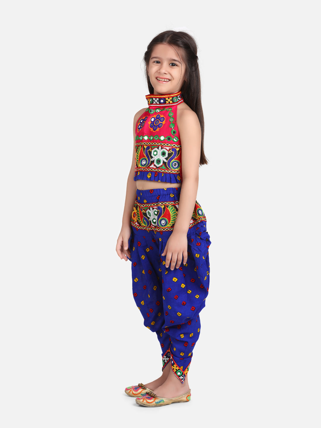 Bandhani Print Cotton Full Sleeve Dhoti Kurta For Boys and Black Halter Neck Choli With Dhoti For Girls-Blue