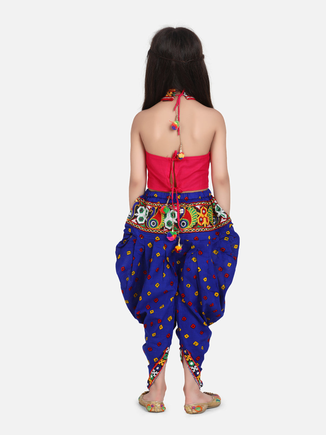 Bandhani Print Cotton Full Sleeve Dhoti Kurta For Boys andBlack Halter Neck Choli With Dhoti For Girls-Blue
