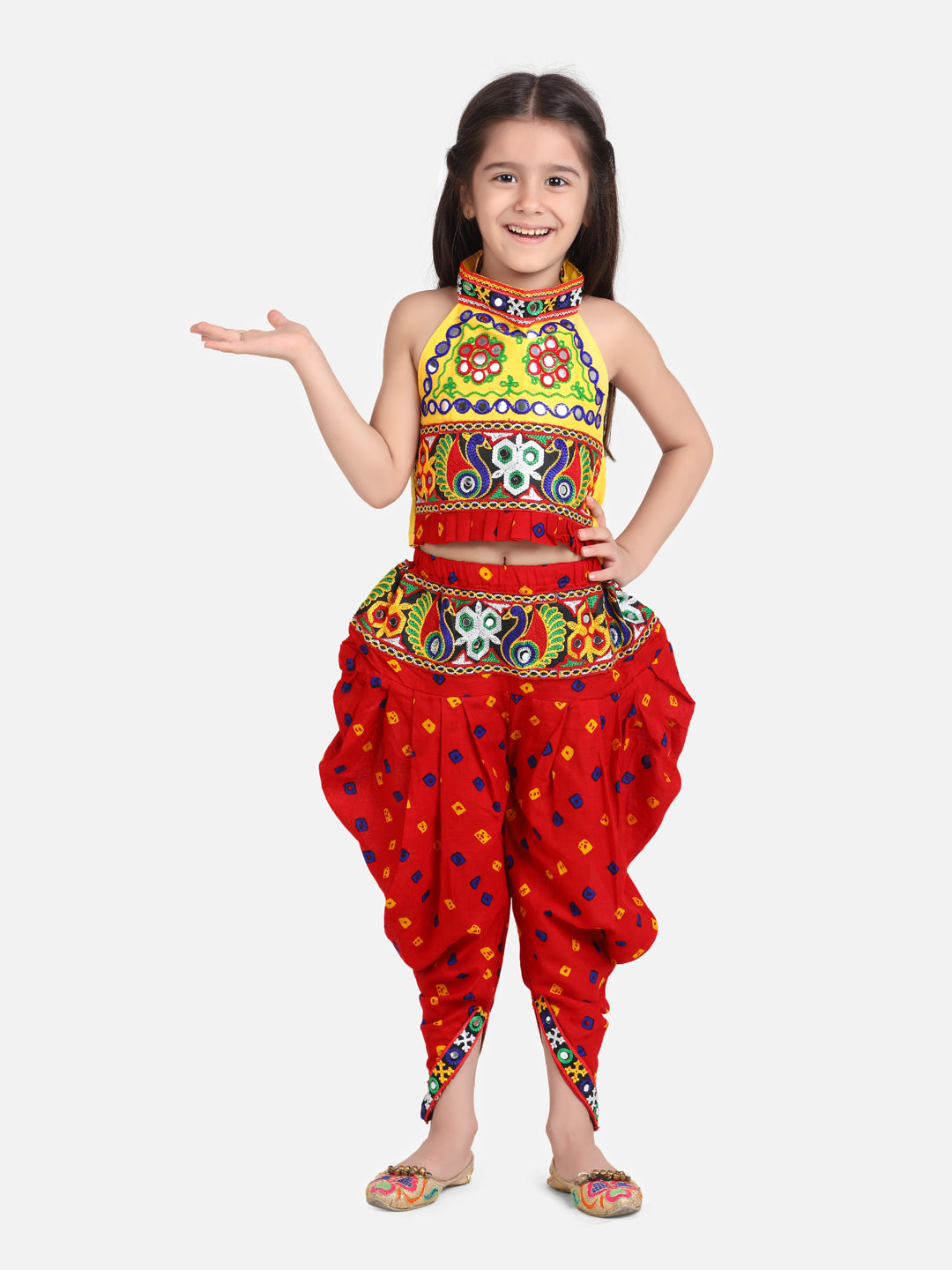 BownBee Girls  Navratri Utsav Halter Neck Embroidery Top With Dhoti Indo Western Clothing Sets-Red