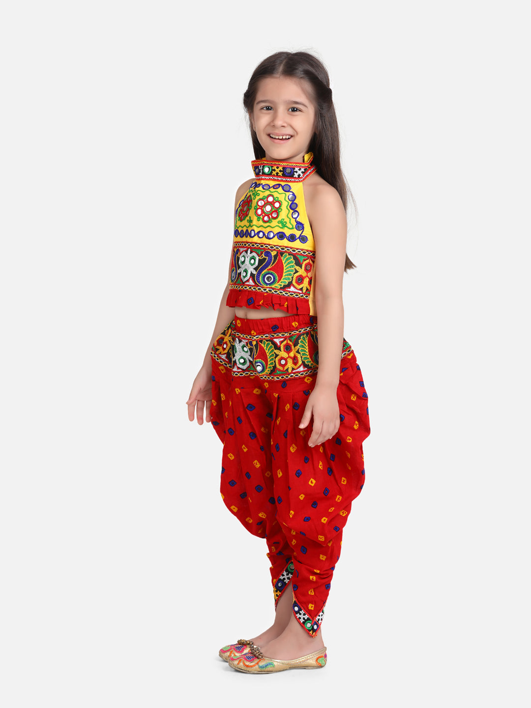 BownBee Girls  Navratri Utsav Halter Neck Embroidery Top With Dhoti Indo Western Clothing Sets-Red