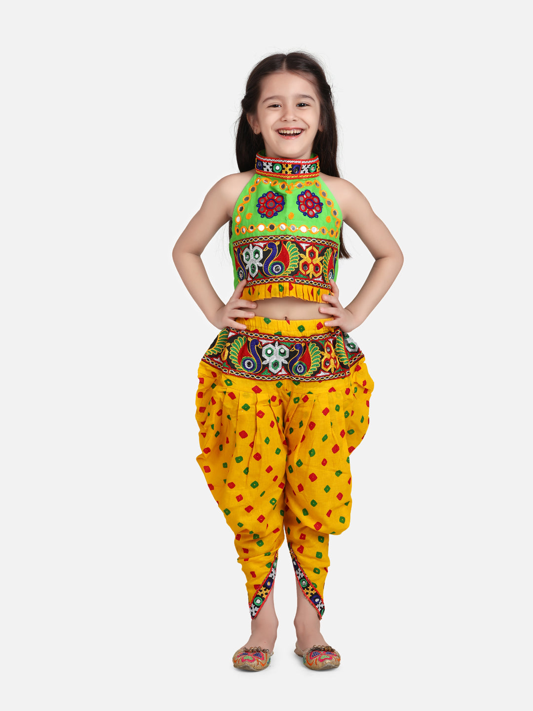 BownBee Kids Girls Navratri Dandiya  Garba Halter Neck Choli With Dhoti- Indo Western Clothing Sets  Yellow