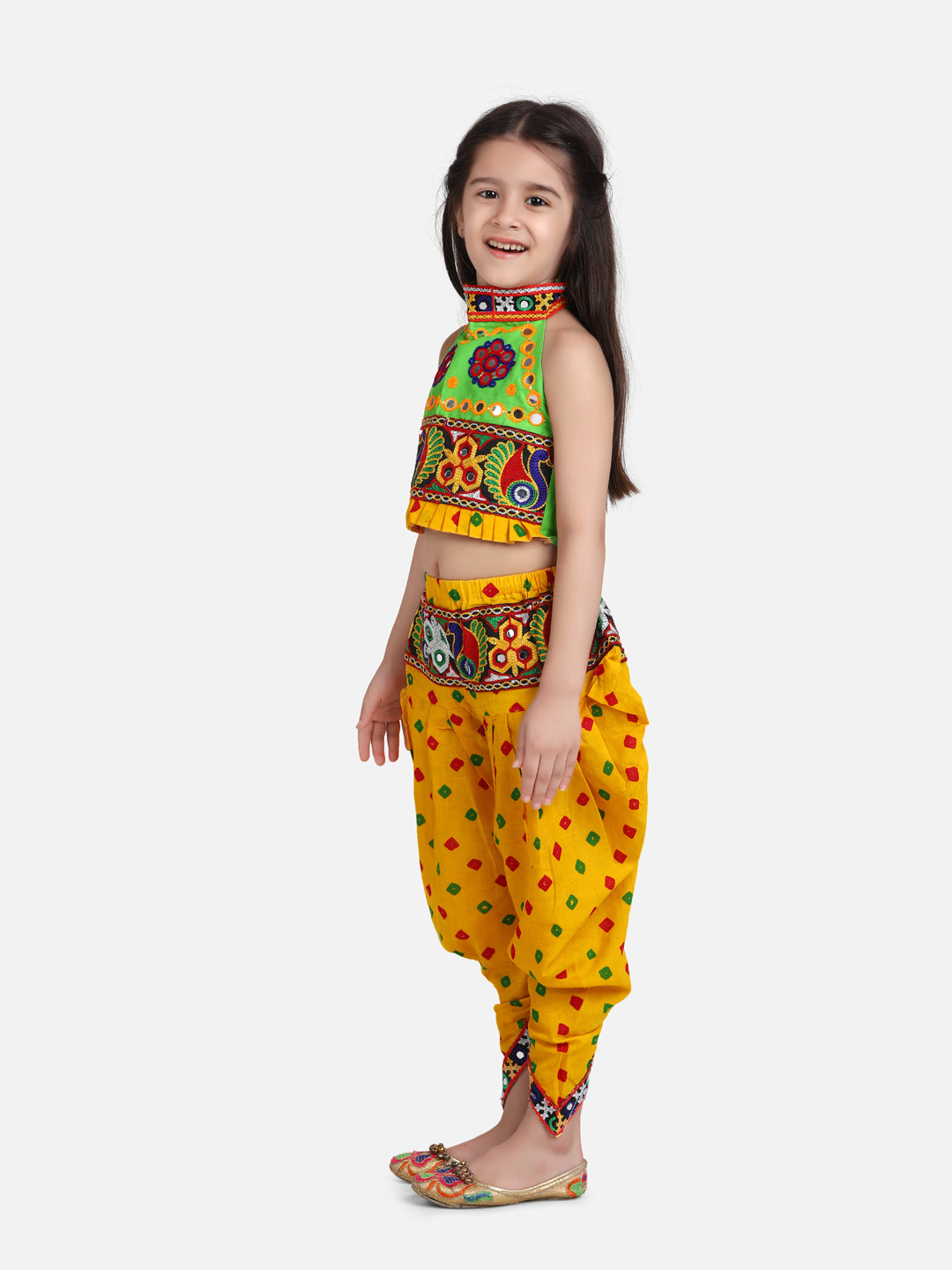 Bandhani Print Cotton Full Sleeve Dhoti Kurta For Boys andBlack Halter Neck Choli With Dhoti For Girls-Yellow