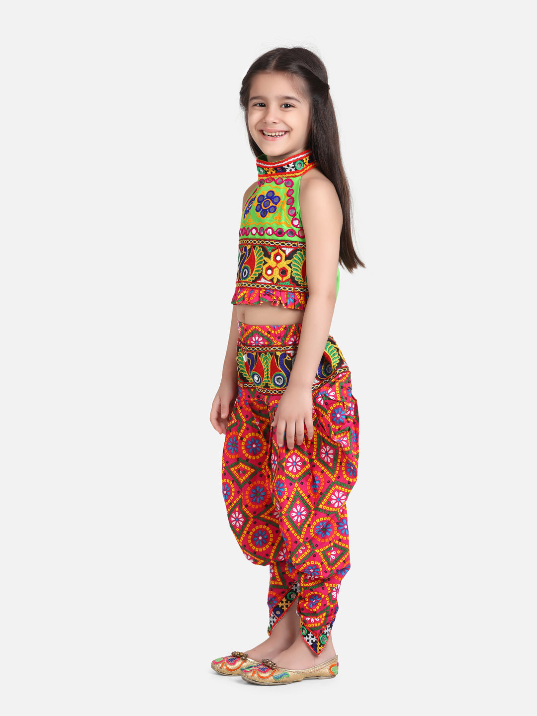 BownBee Cotton Halter Neck Embroidery Top With Dhoti Indo Western-Pink