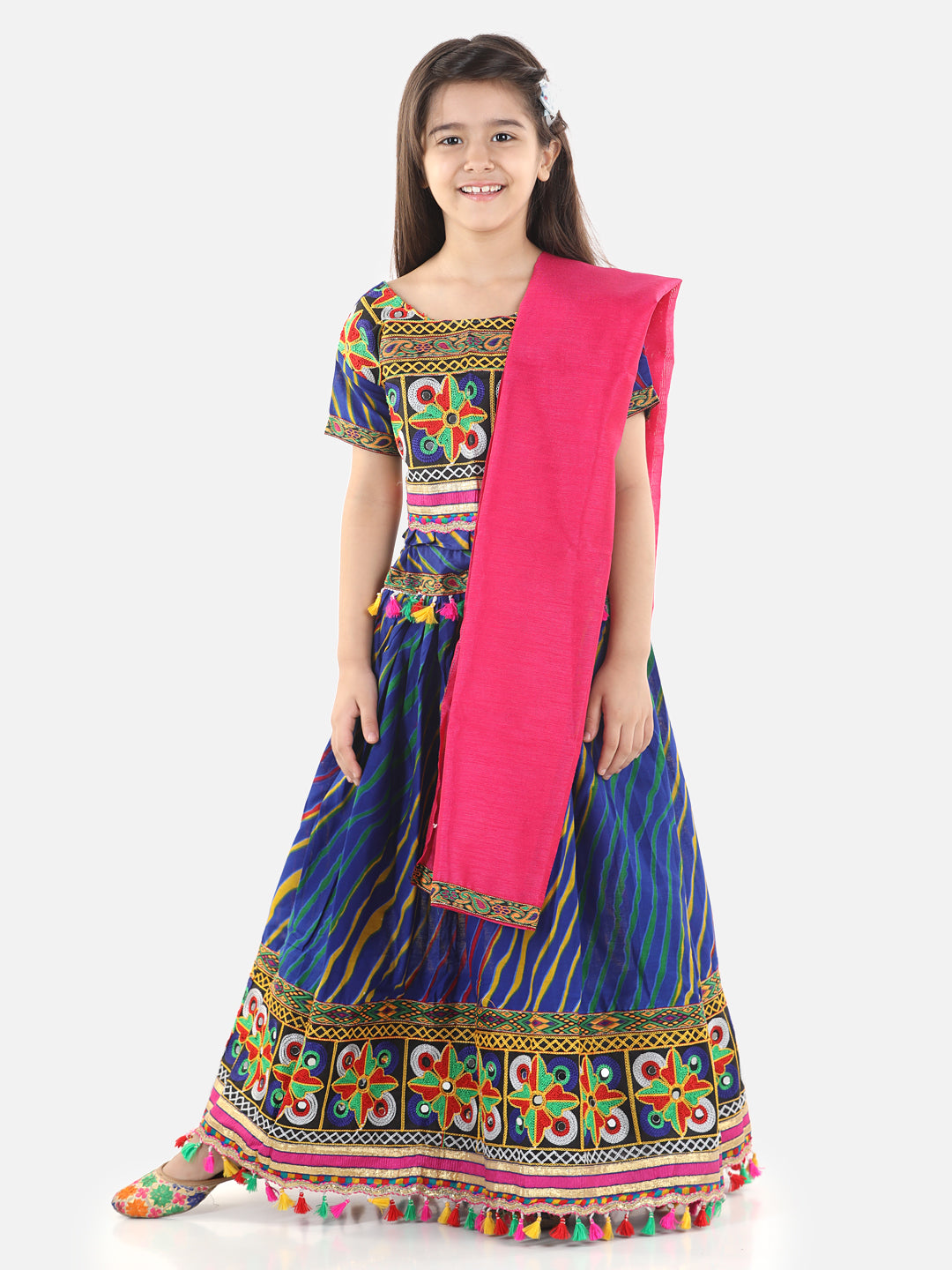 BownBee Leheriya Print Short Sleeves Choli With Dupatta & Lehenga Set -Blue