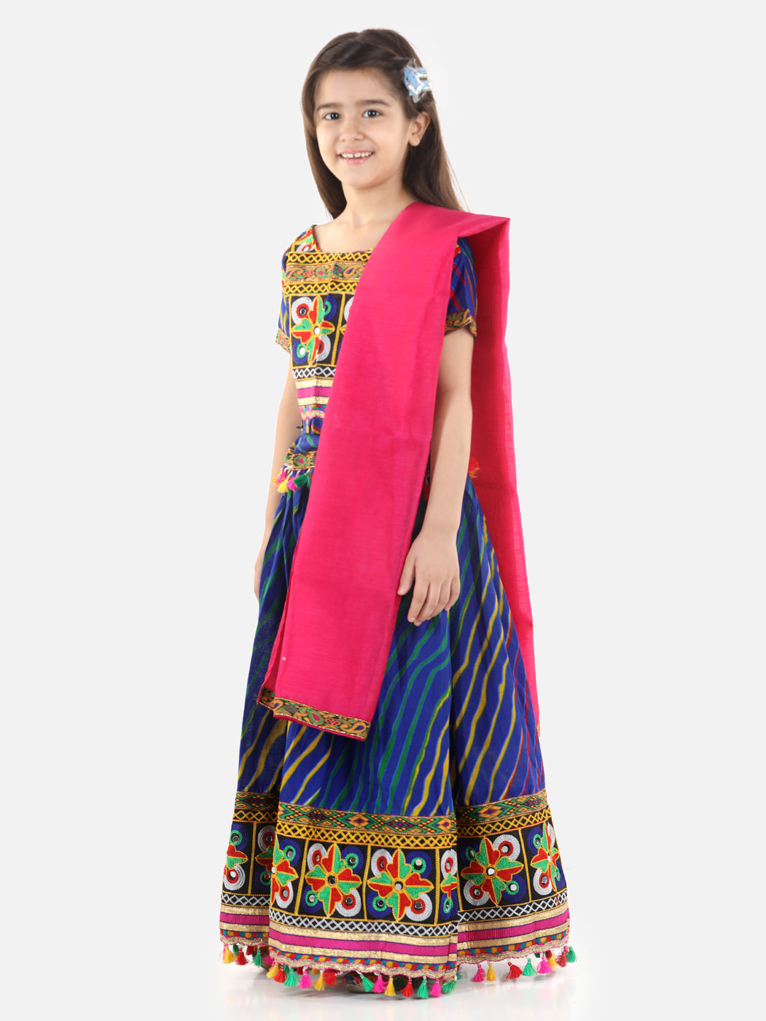 BownBee Leheriya Print Short Sleeves Choli With Dupatta & Lehenga Set -Blue