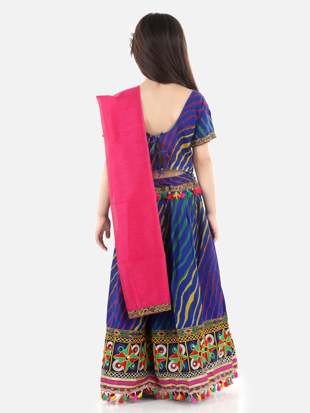 BownBee Leheriya Print Short Sleeves Choli With Dupatta & Lehenga Set -Blue